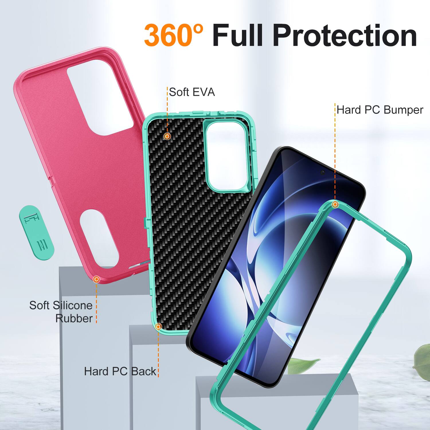 360° Full Protection

- Soft EVA
- Hard PC Bumper
- Soft Silicone Rubber
- Hard PC Back
