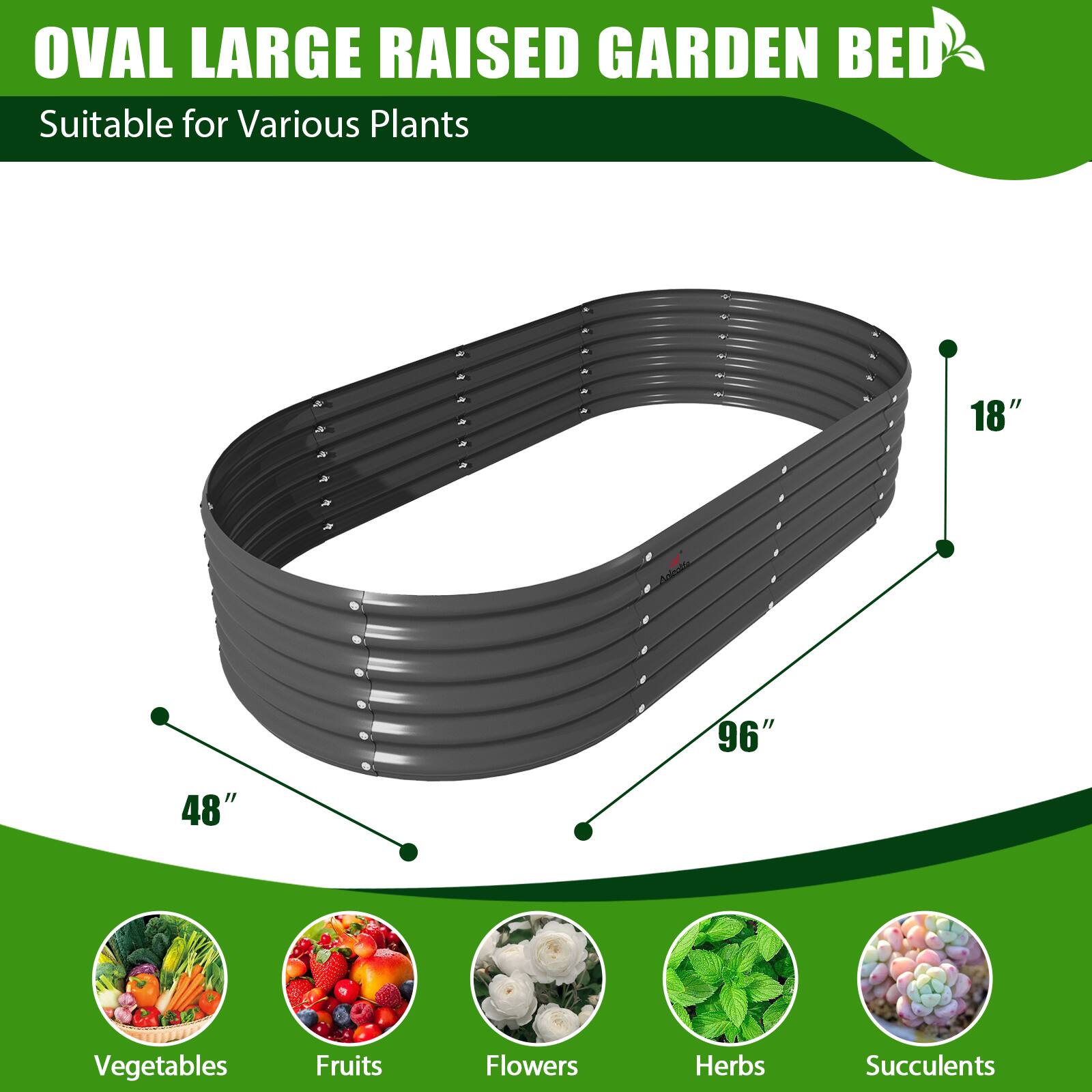 OVAL LARGE RAISED GARDEN BED  
Suitable for Various Plants  

18"  
96"  
48"  

Vegetables  
Fruits  
Flowers  
Herbs  
Succulents