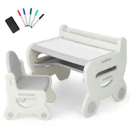 Pefilos - Kids Drawing Table and Chair Set with Watercolor Pens and Blackboard Eraser- Toddler Table and Chair Set for Arts - Gray