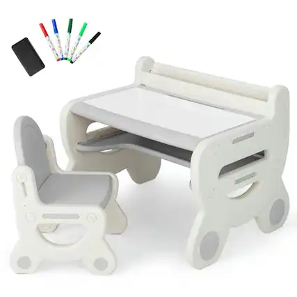 Front. Kadyn - Kids Drawing Table and Chair Set with Watercolor Pens and Blackboard Eraser-Gray, Small Folding Table - Natural.