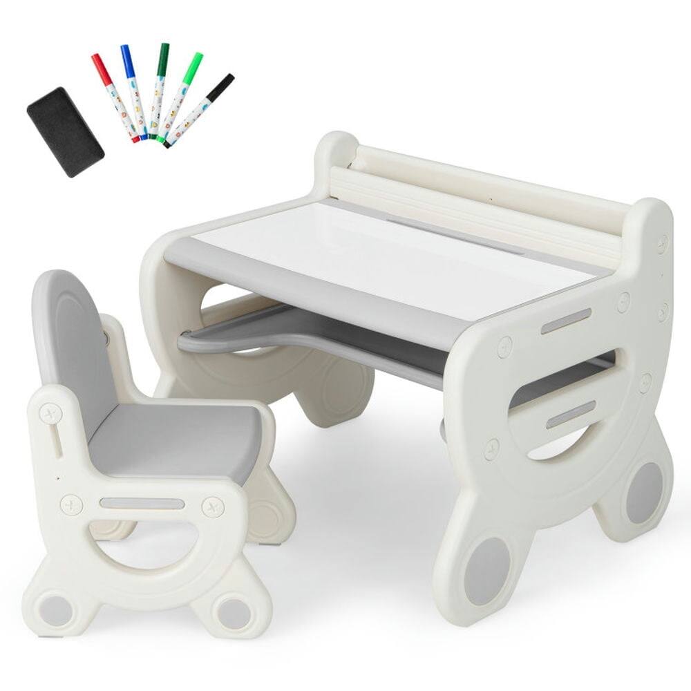 Front. Kadyn - Kids Drawing Table and Chair Set with Watercolor Pens and Blackboard Eraser-Gray, Small Folding Table - Natural.
