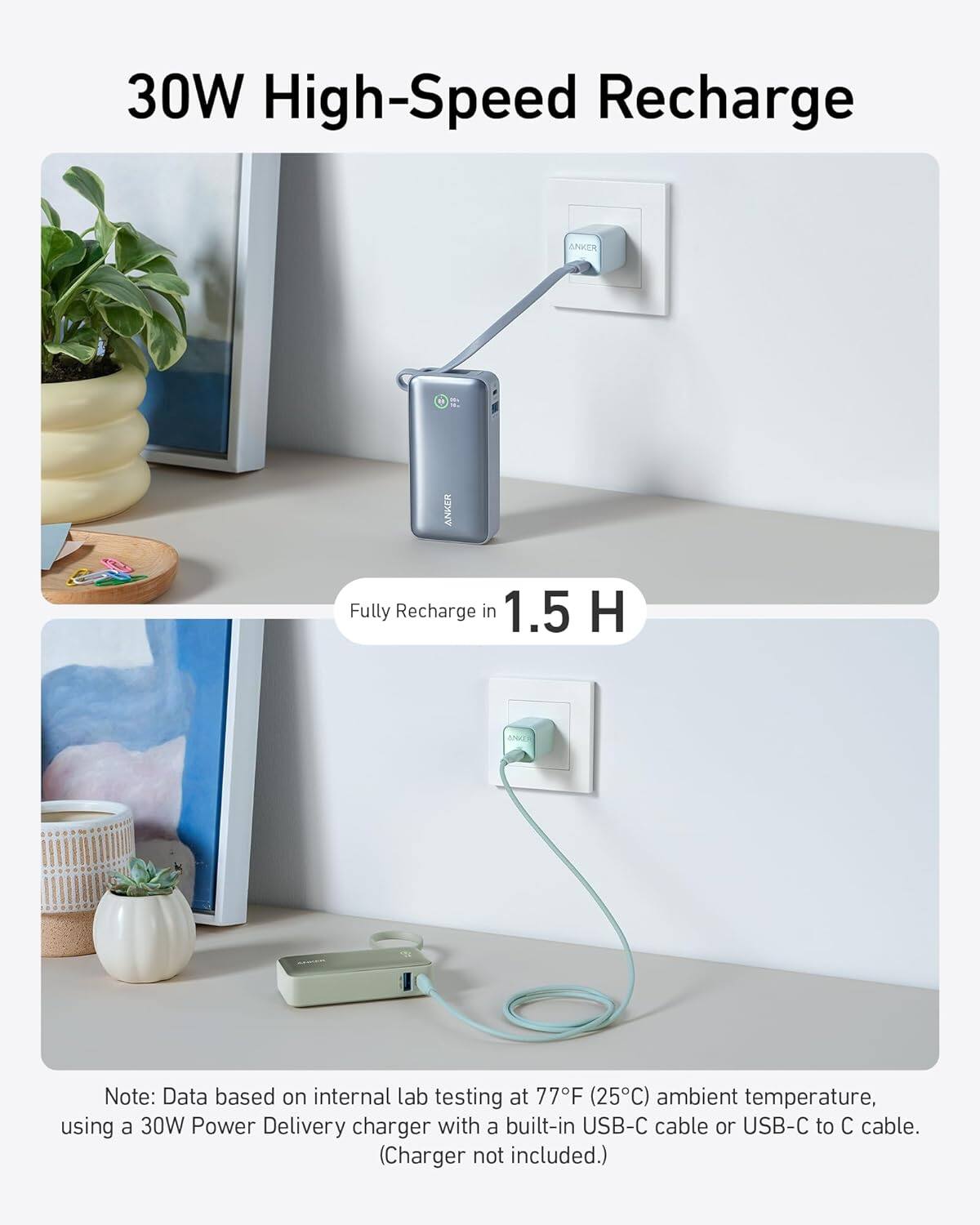 30W High-Speed Recharge

Fully Recharge in 1.5 H

Note: Data based on internal lab testing at 77°F (25°C) ambient temperature, using a 30W Power Delivery charger with a built-in USB-C cable or USB-C to C cable. (Charger not included.)