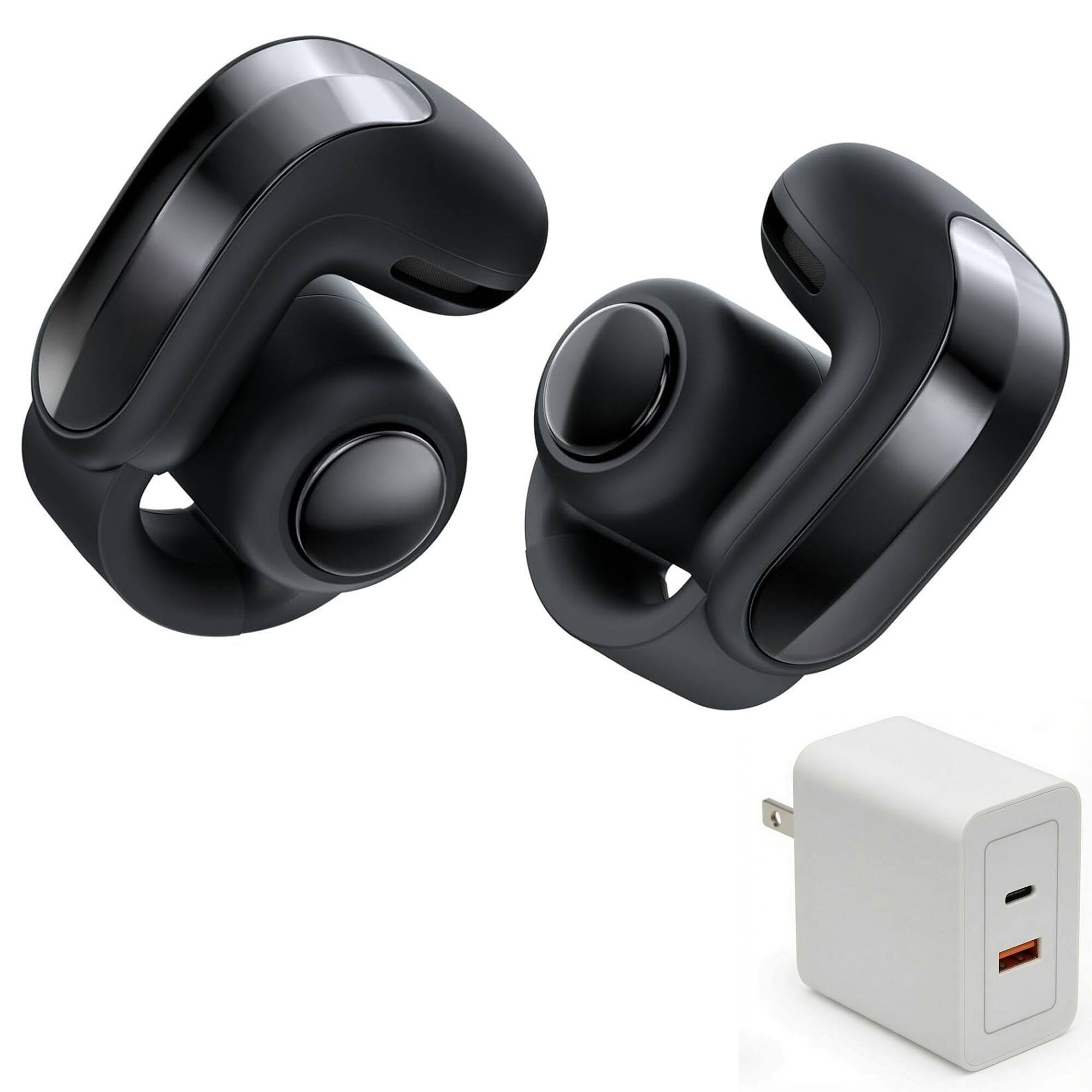 Front. Bose - Bose Ultra Open Earbuds (2nd Gen) Bundle with Fast Charger - Open-Ear, Clip-On, (Black) - Black.