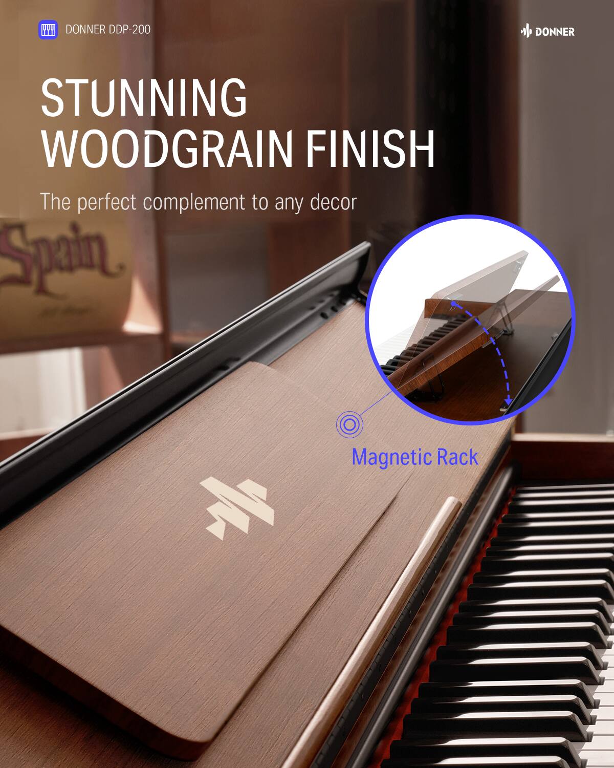 DONNER DDP-200, STUNNING WOODGRAIN FINISH, The perfect complement to any decor, Spain, Magnetic Rack