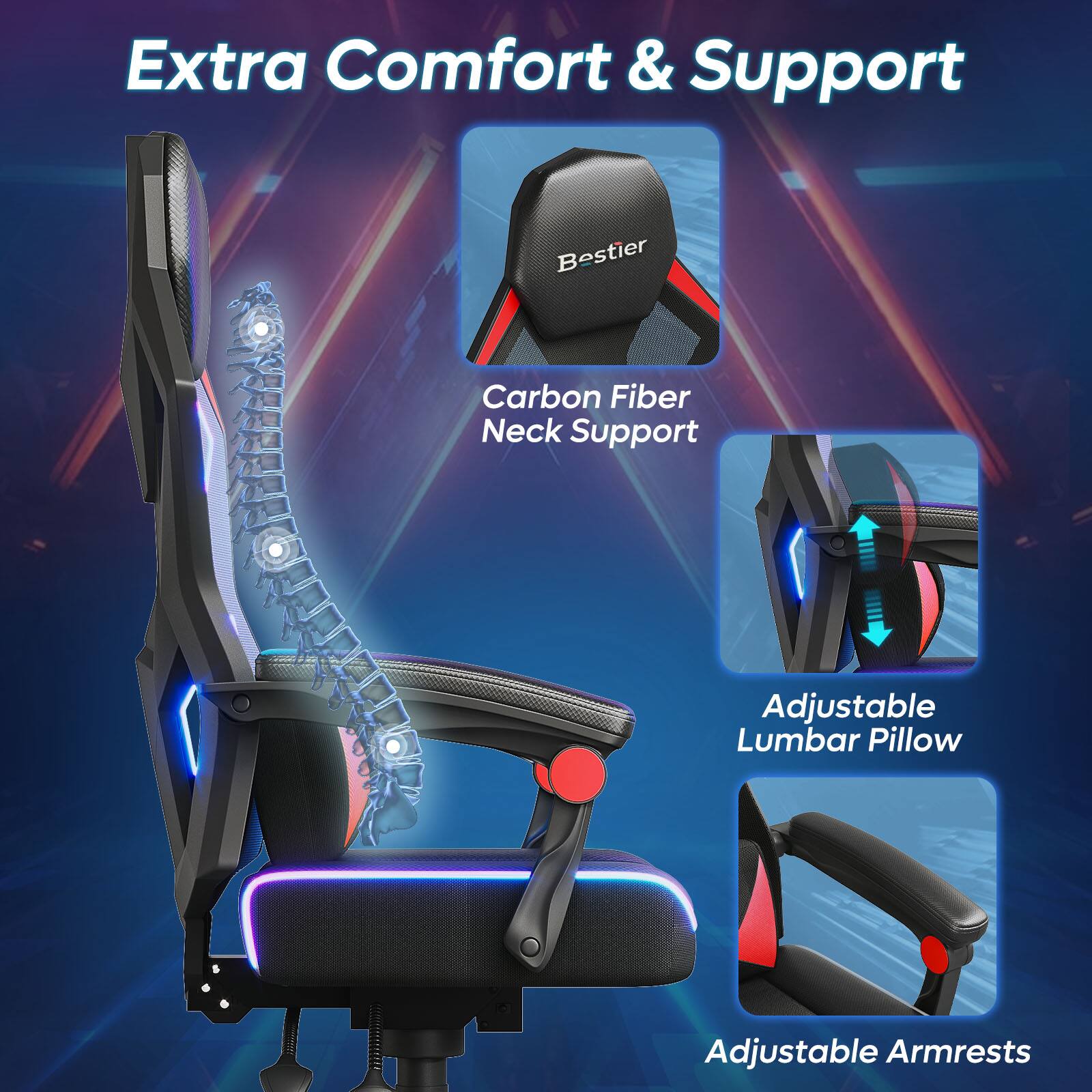 Extra Comfort & Support Bestier Carbon Fiber Neck Support Adjustable Lumbar Pillow Adjustable Armrests