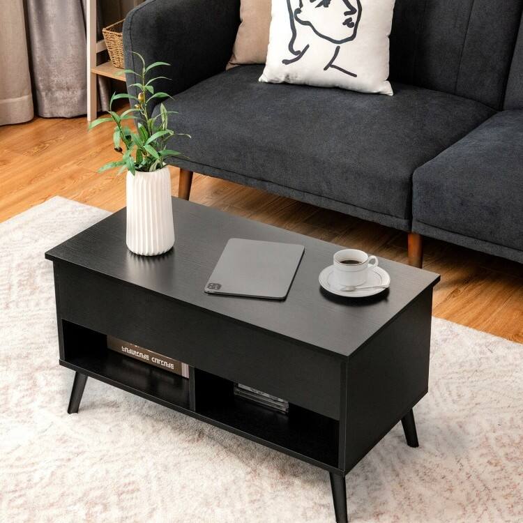 Angle. Hivvago - Mid-Century Lift-Top Coffee Table Sofa Laptop Desk in Black Wood Finish - Black.