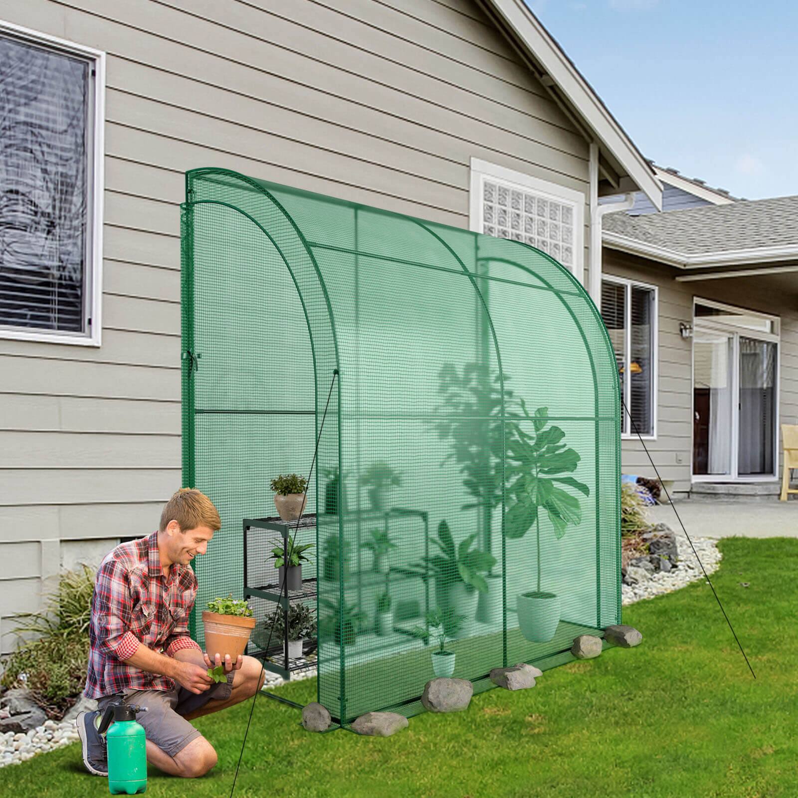 Alt View 1. Costway - Costway 7'x 3.5'x 7' Lean-to Greenhouse Portable Wall House with Green PE Cover and Shelf - Green.
