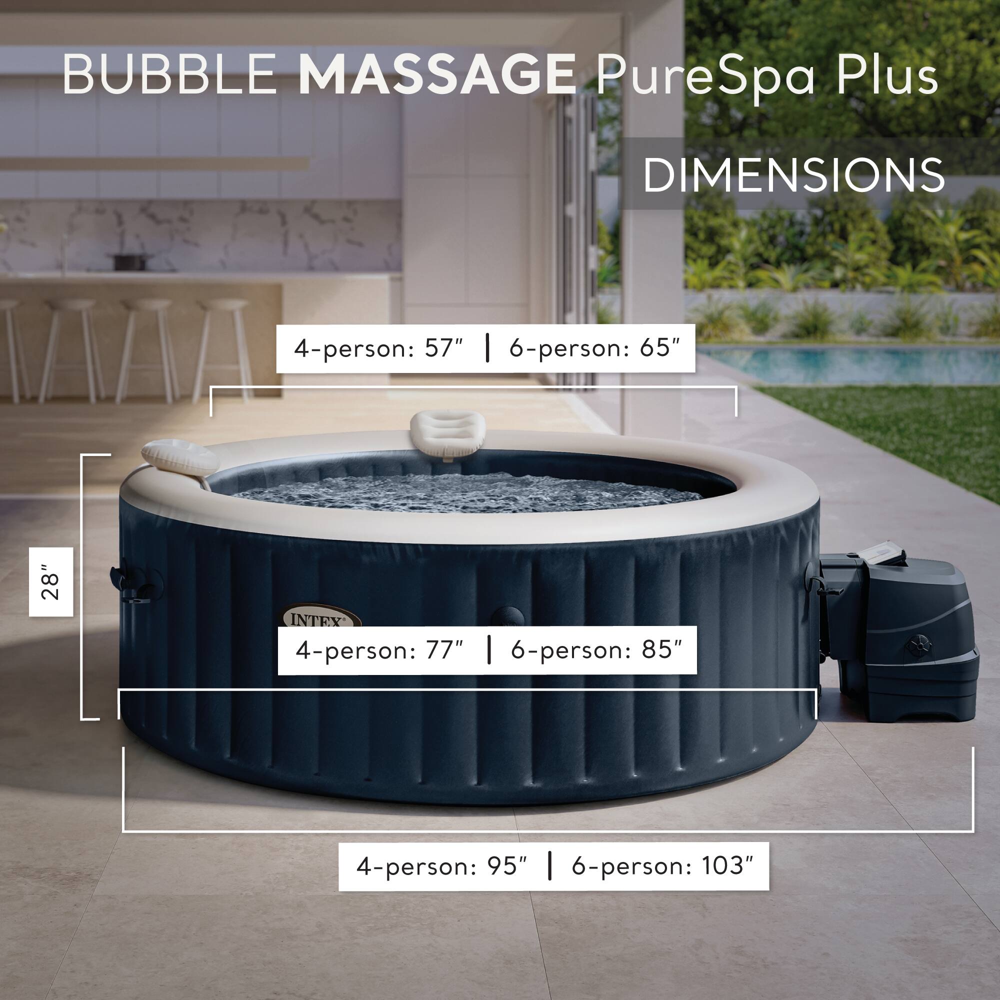 BUBBLE MASSAGE PureSpa Plus  
DIMENSIONS  

4-person: 57" | 6-person: 65"  
4-person: 77" | 6-person: 85"  
4-person: 95" | 6-person: 103"