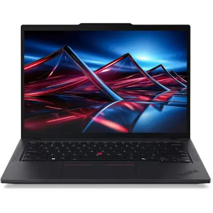 The image features a laptop computer with a blue background and a red and purple design on the screen. The laptop is open, displaying the screen with the colorful design. The laptop is positioned on a table, and the screen is the main focus of the image.