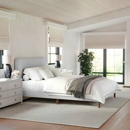 Martha Stewart - Britta Faux Linen Upholstered Queen Size Platform Bed with Piped Headboard - Gray Fabric/Walnut Legs