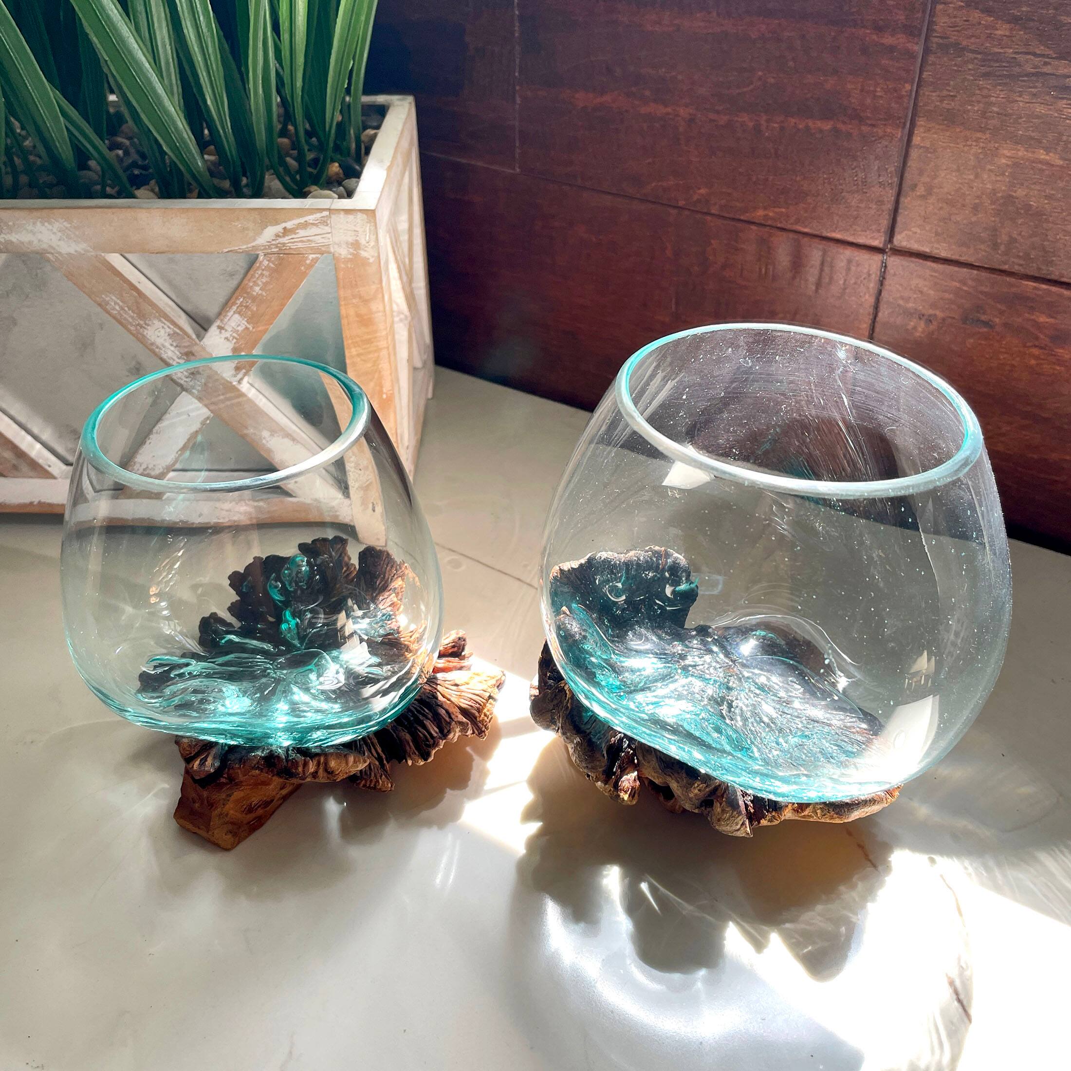 Alt View 3. Zeckos - Set of 2 Blown Molten Glass On Burl Wood Decorative Bowls Vases Terrariums - Brown.