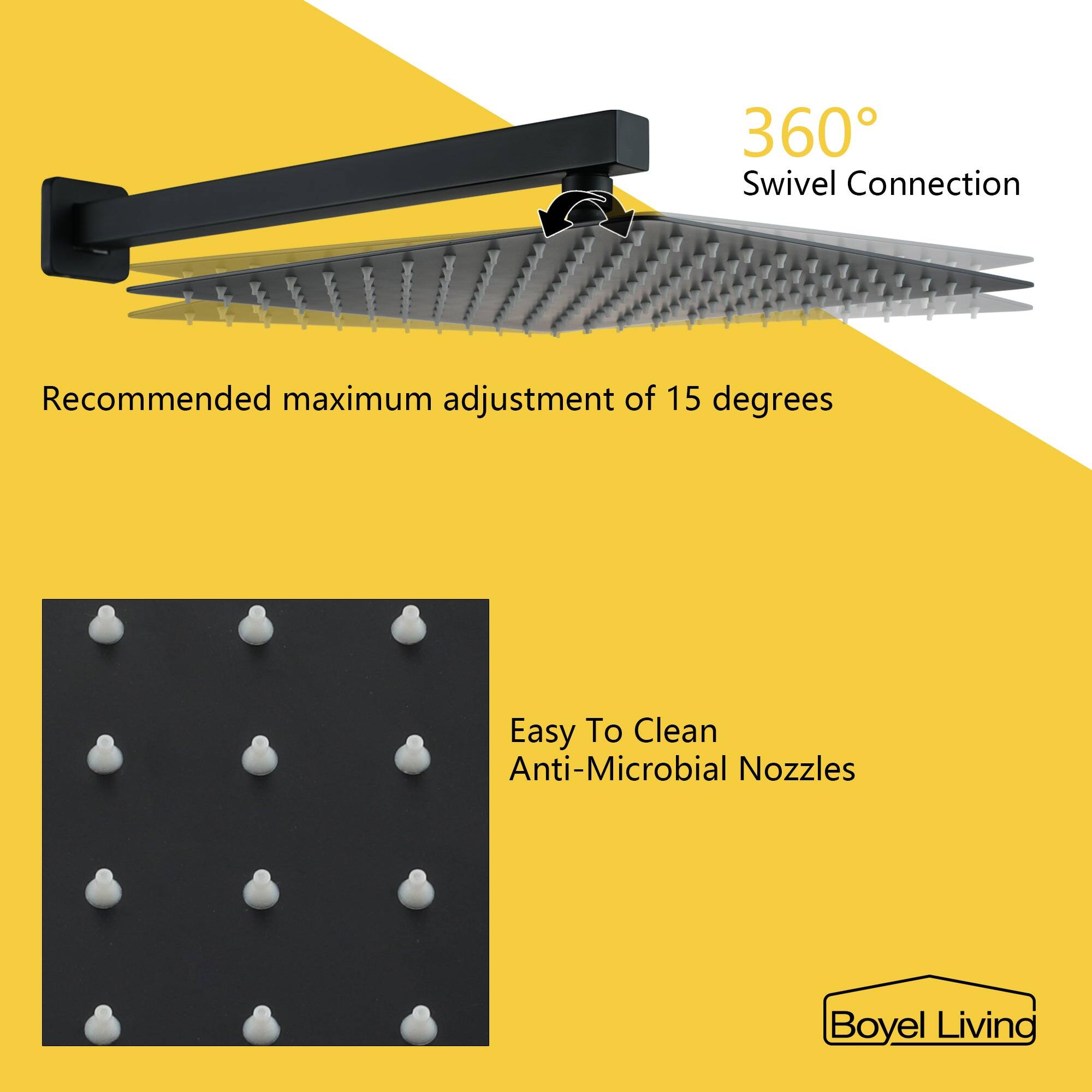 Swivel Connection, Recommended maximum adjustment of 15 degrees, Easy To Clean, Anti-Microbial Nozzles, Boyel Living