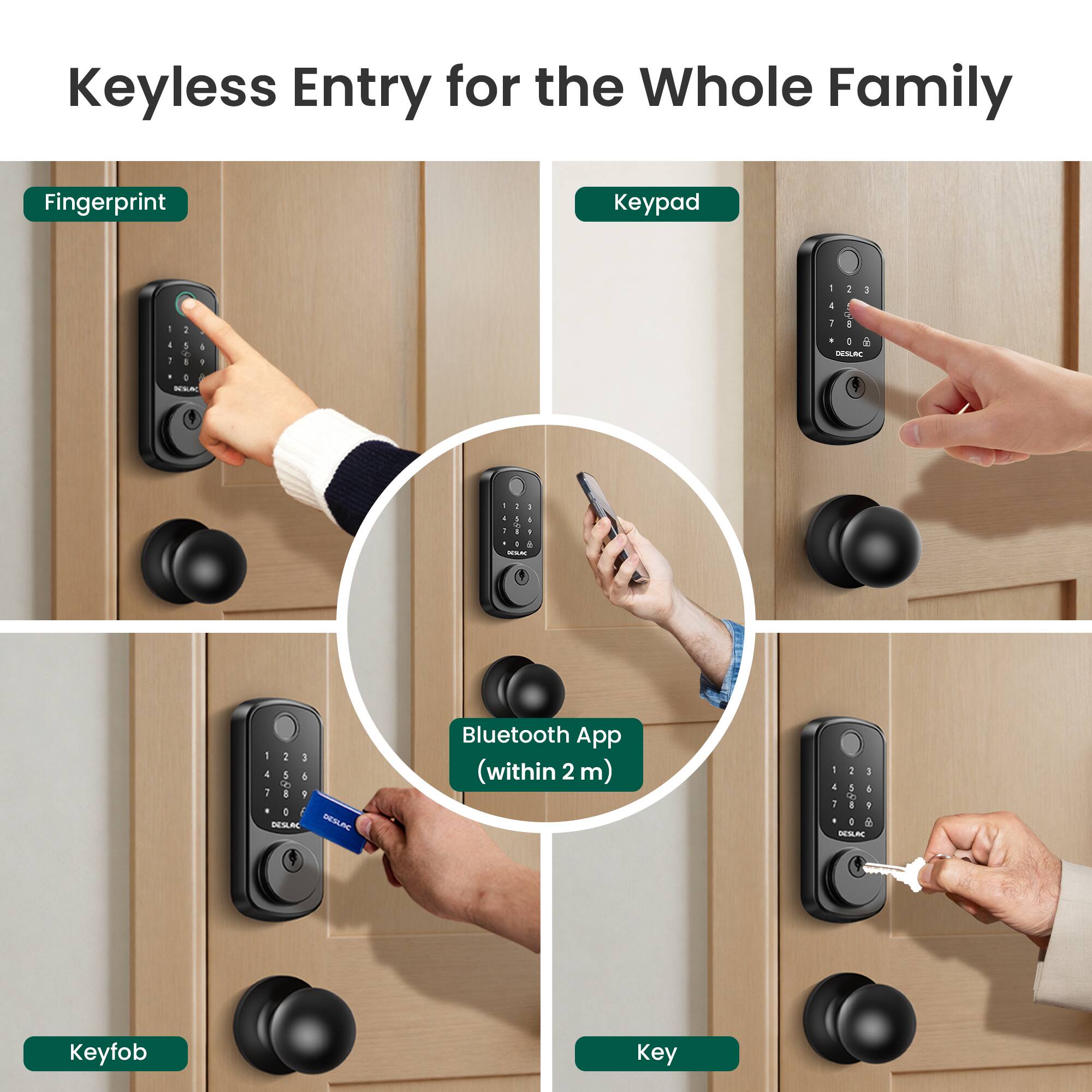 Keyless Entry for the Whole Family

- Fingerprint
- Keypad
- Bluetooth App (within 2 m)
- Keyfob
- Key