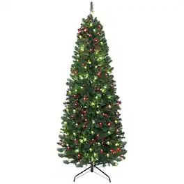 Homcom - Slim Prelit Christmas Tree, Colorful DIY Sync LED Lights, Remote, Hinged Fir, Dense Tips, 12 Modes, Timer - Green