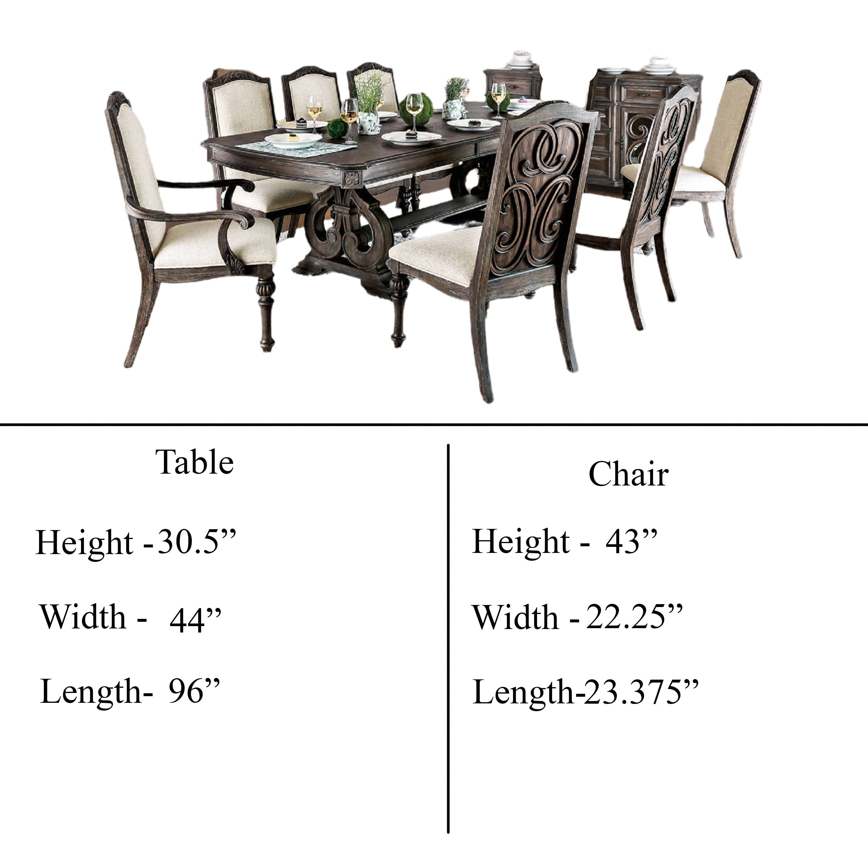 Table  
Height - 30.5"  
Width - 44"  
Length - 96"  

Chair  
Height - 43"  
Width - 22.25"  
Length - 23.375"