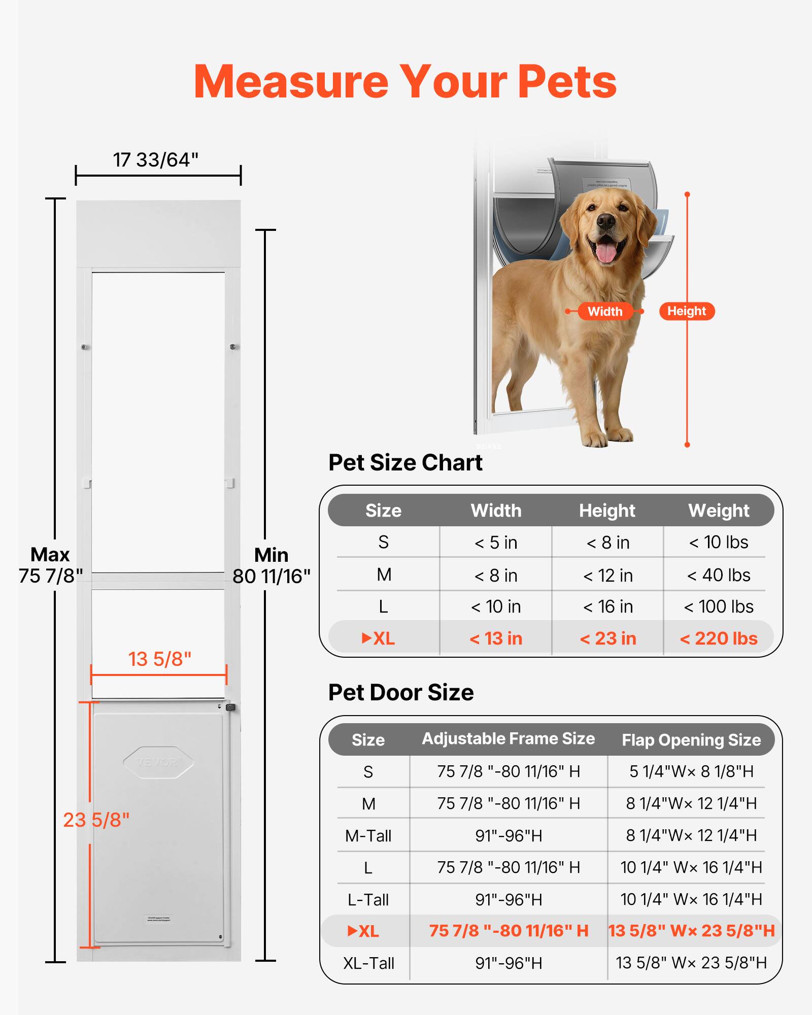 Measure Your Pets

Pet Size Chart

| Size | Width       | Height       | Weight       |
|------|-------------|--------------|--------------|
| S    | < 5 in      | < 8 in       | < 10 lbs     |
| M    | < 8 in      | < 12 in      | < 40 lbs     |
| L    | < 10 in     | < 16 in      | < 100 lbs    |
| XL   | < 13 in     | < 23 in      | < 220 lbs    |

Pet Door Size

| Size   | Adjustable Frame Size       | Flap Opening Size       |
|--------|---------------------------|------------------------|
| S      | 75 7/8" - 80 11/16" H        | 5 1/4"W x 8 1/8"H        |
| M      | 75 7/8" - 80 11/16" H        | 8 1/4"W x 12 1/4"H       |
| M-Tall | 91"-96"H                 