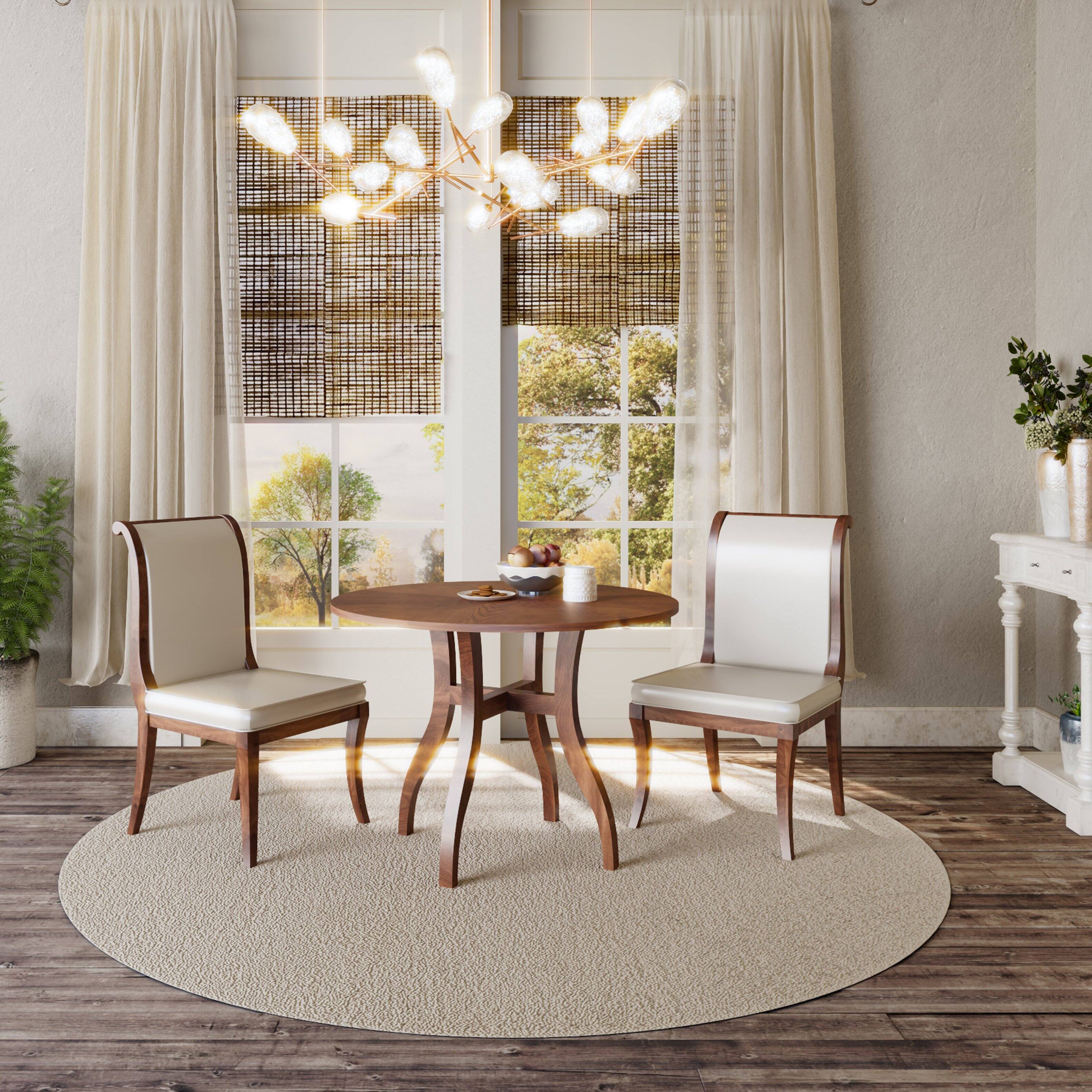 Alt View 1. TinyHomie - Dining Table Set 39.4in Round Table 2 Chairs Traditional Solid Wood Kitchen Set with Inlaid Tabletop Elegant Curved Legs - White and Walnut.