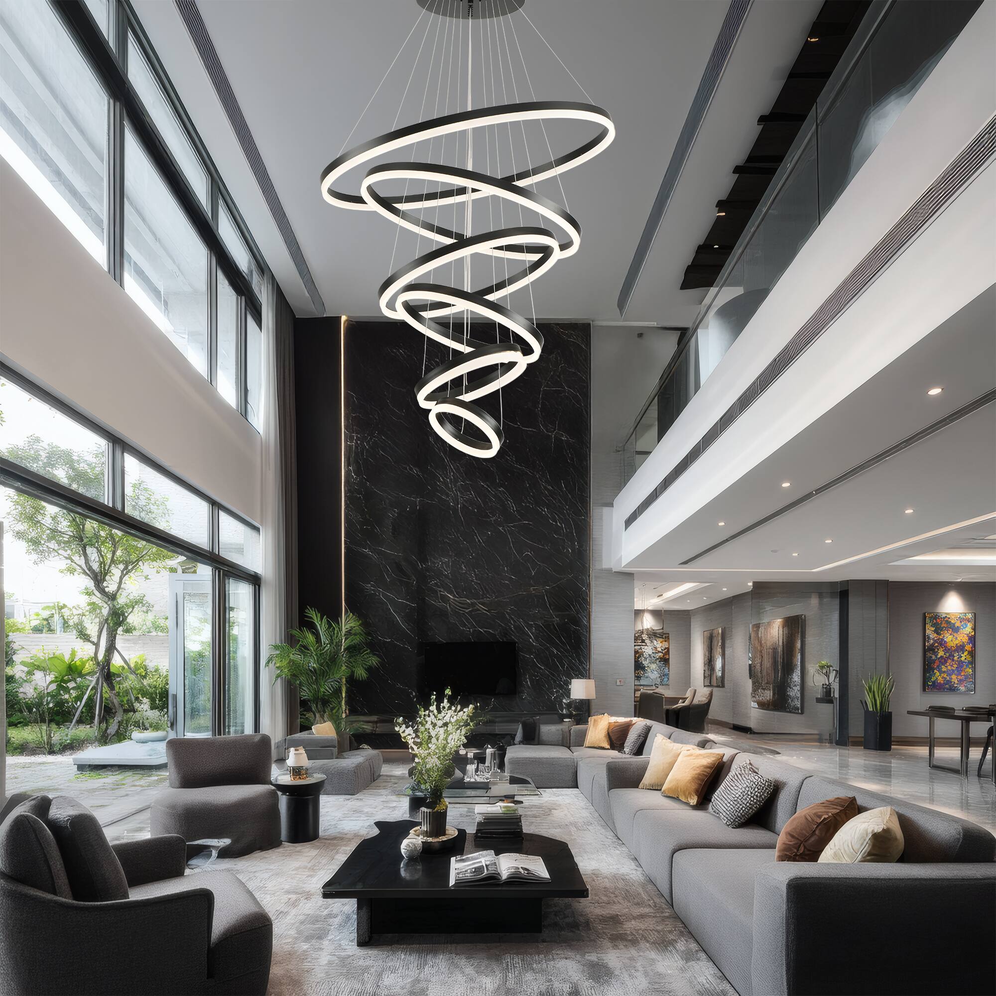 Alt View 1. RYHNUYNE - Modern Large 6-Ring LED Chandelier for High Ceilings Adjustable Pendant Light with Remote Dimmable for Foyer Entryway.