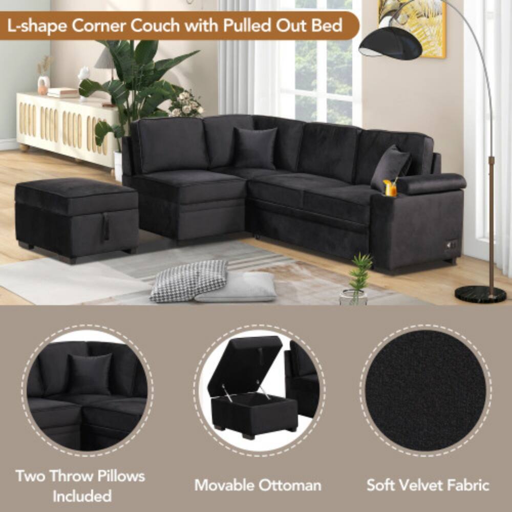 L-shape Corner Couch with Pulled Out Bed

- Two Throw Pillows Included
- Movable Ottoman
- Soft Velvet Fabric