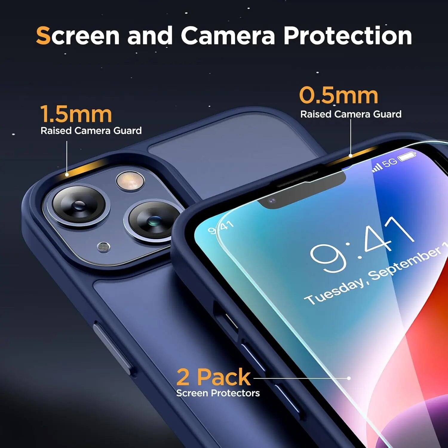 Screen and Camera Protection

1.5mm Raised Camera Guard

0.5mm Raised Camera Guard

5G 9:41 1 Tuesday, September

2 Pack Screen Protectors