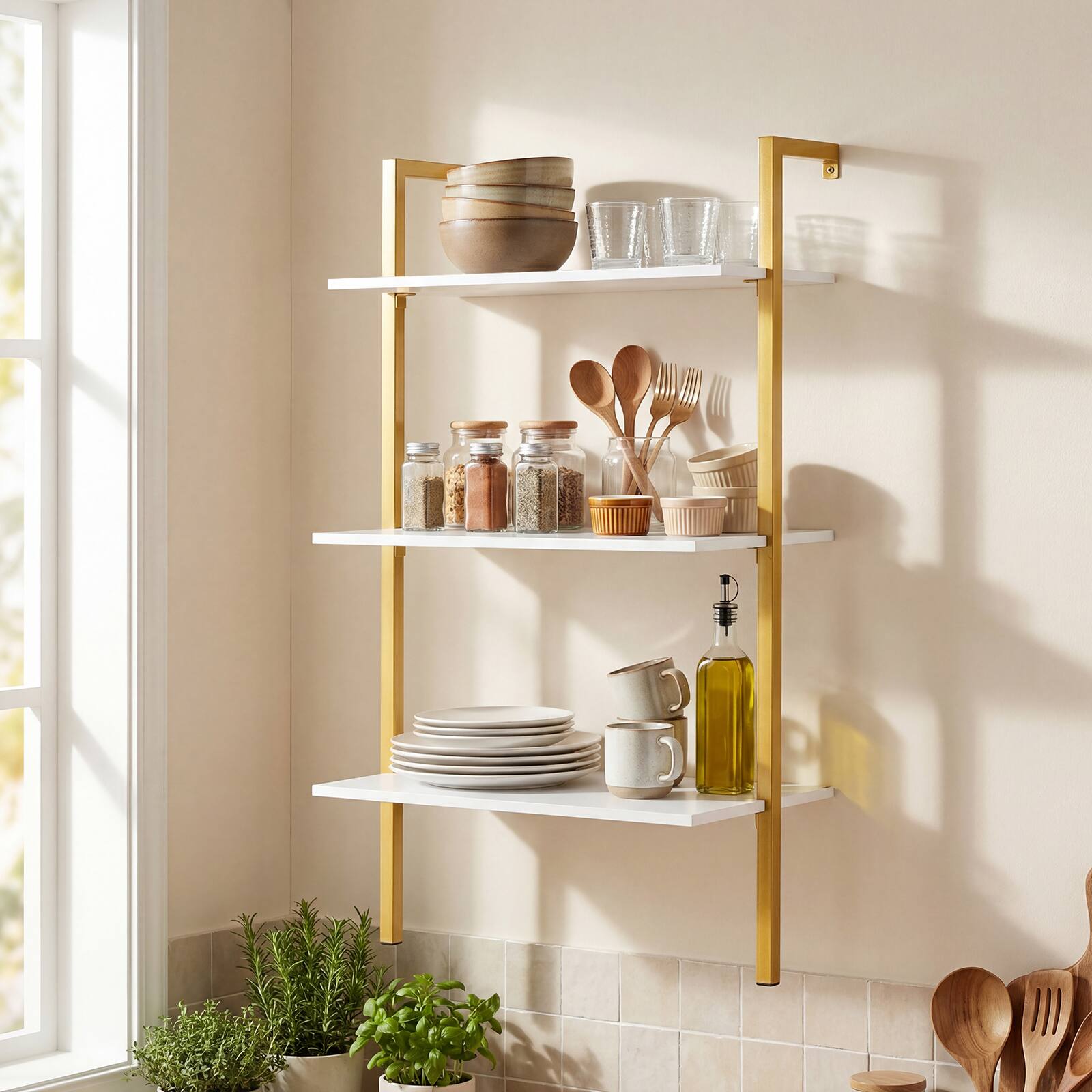 Alt View 1. Costway - Costway 2PCS Modern Wall Mounted Shelves, Wooden Floating Shelving Unit for Kitchen - Gold and White.
