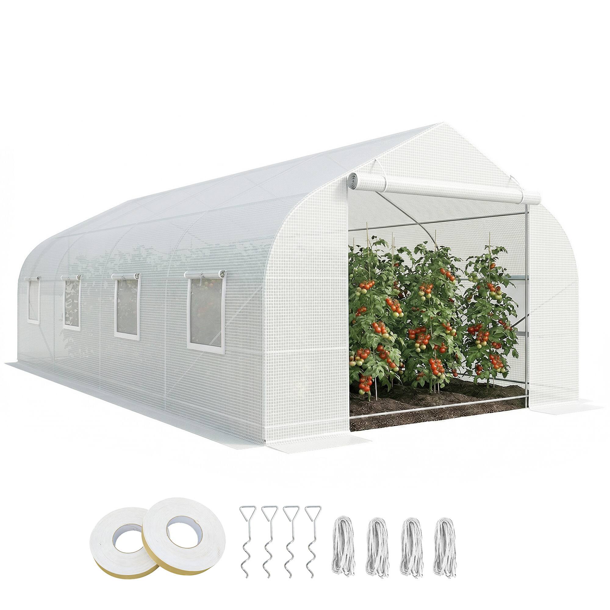 Front. Outsunny - 20' x 10' x 7' Outdoor Walk-in Greenhouse, Tunnel Green House with Roll-up Windows, Zippered Door, PE Cover - White.