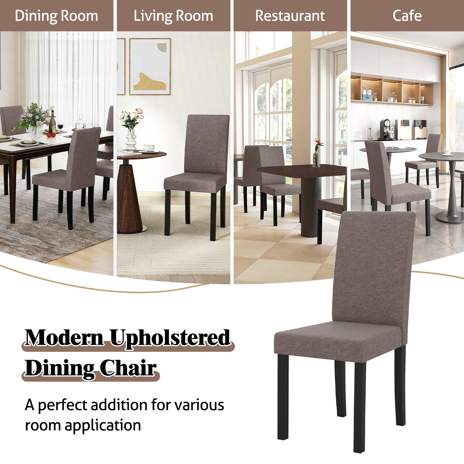 Dining Room  
Living Room  
Restaurant  
Cafe  

Modern Upholstered Dining Chair  

A perfect addition for various room application