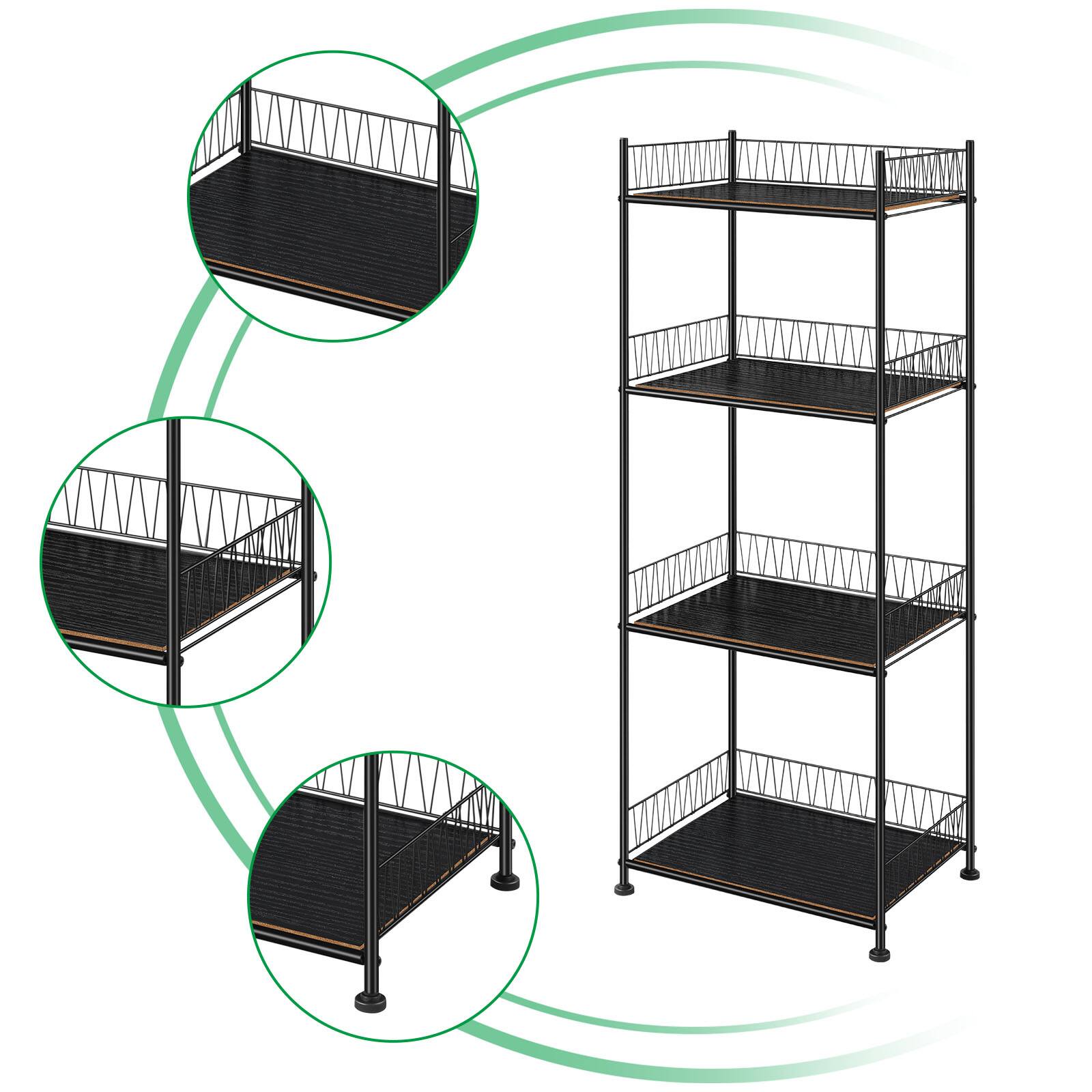 Left. Oumilen - 4-Tier Black Storage Shelf with Guard Rail, Wood Board Metal Wire Frame Narrow Vertical Organizer Rack - Black.