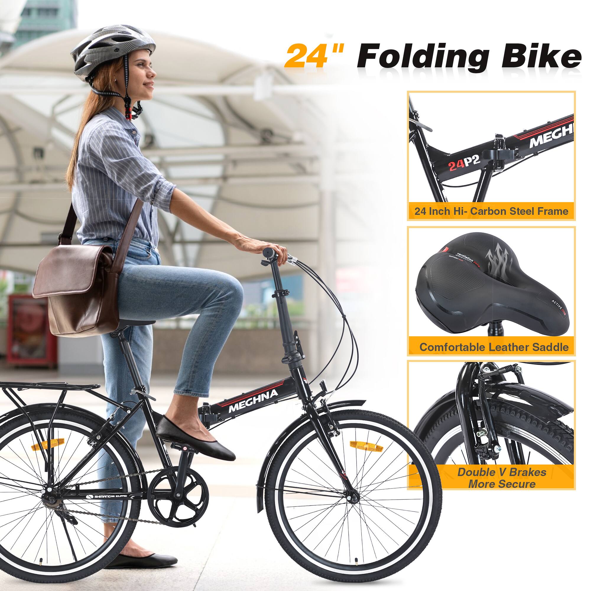 24" Folding Bike

- 24 Inch Hi-Carbon Steel Frame
- Comfortable Leather Saddle
- Double V Brakes More Secure