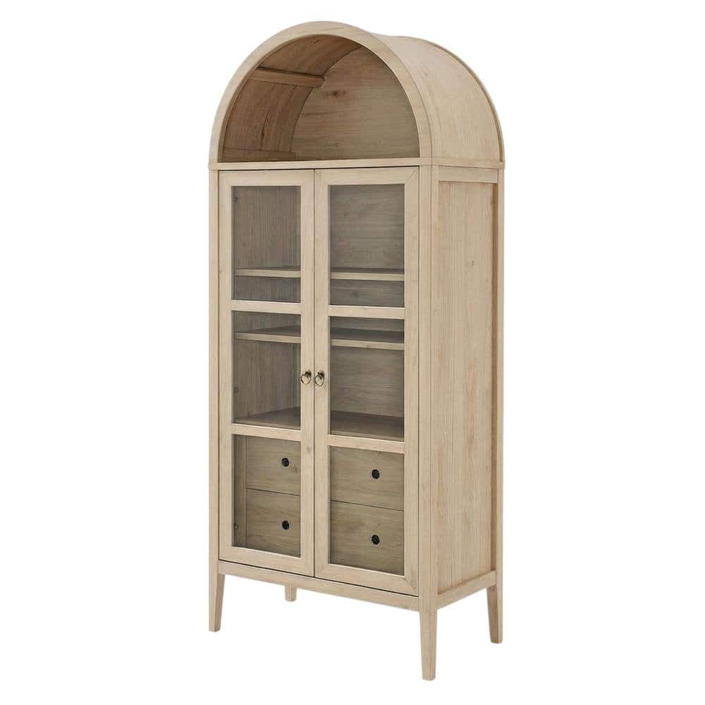 FurniFact - Tall Arched Storage Cabinet In Rustic Finish With Versatile Display And Storage - Light Oak