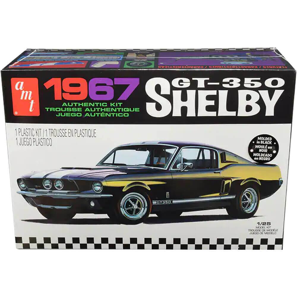 Sure, here is the corrected and grouped text from the image:
---
**1967 GT-350 SHELBY**
**a m t**
**AUTHENTIC KIT**
**TROUSSE AUTHENTIQUE**
**JUEGO AUTÉNTICO**
**1 PLASTIC KIT / 1 TROUSSE EN PLASTIQUE**
**1 JUEGO PLÁSTICO**
**MOLDED IN BLACK**
**MOULÉ EN NOIR**
**MOLEADO EN NEGRO**
**1/25 MODEL**
**THOUGE DE MODÈLE**
**JUEGO DE MODELO**
---
This text is organized to reflect the information on the box as it appears.