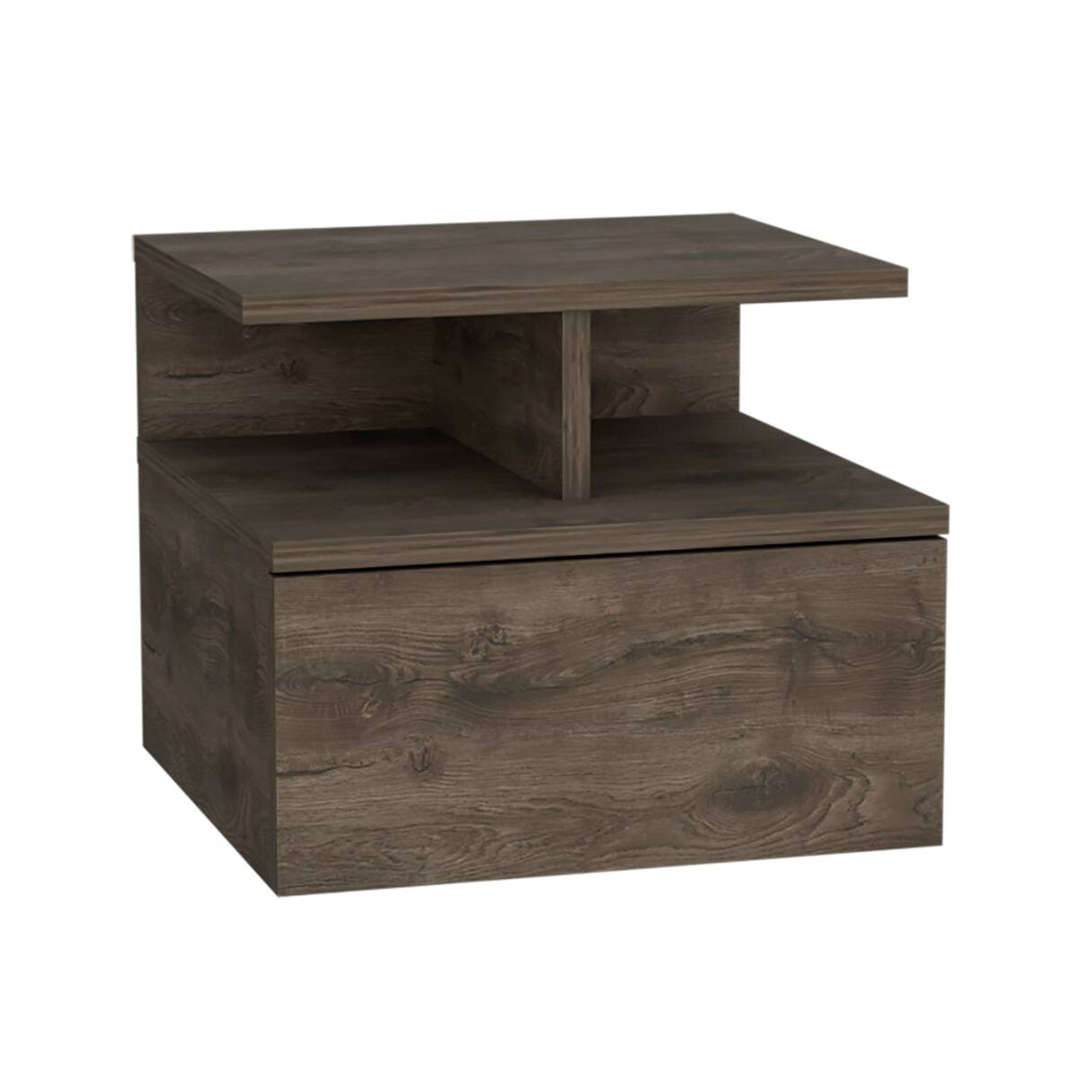 Left. Loheer - Loheer Floating Nightstand with Drawer, Two-Tier Shelf, Dark Walnut, 12-Inch Height - Brown.