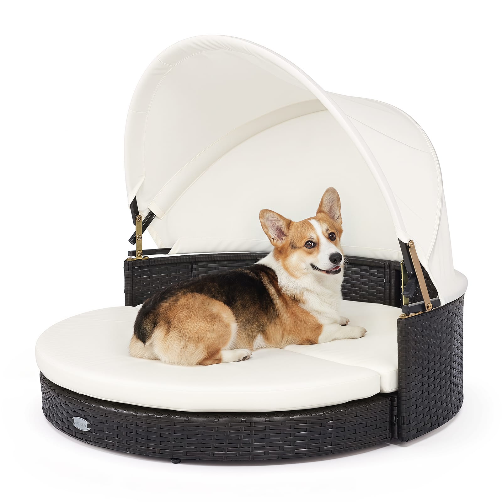 Costway- Wicker Dog House Outdoor Indoor with Retractable Canopy, Removable Cushion- Mixed Brown + Beige