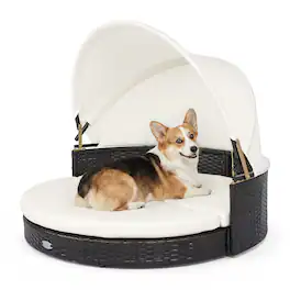 Costway - Wicker Dog House Outdoor Indoor with Retractable Canopy, Removable Cushion - Mixed Brown + Beige