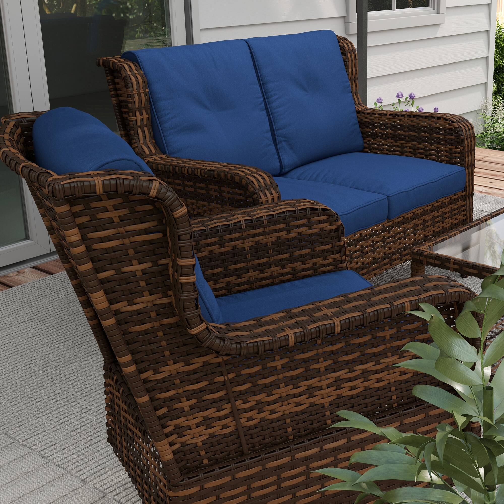 Alt View 7. Outsunny - 4 Piece PE Rattan Outdoor Patio Furniture Set, Wicker Conversation Set with 2 Swivel Glider Chairs - Dark Blue.