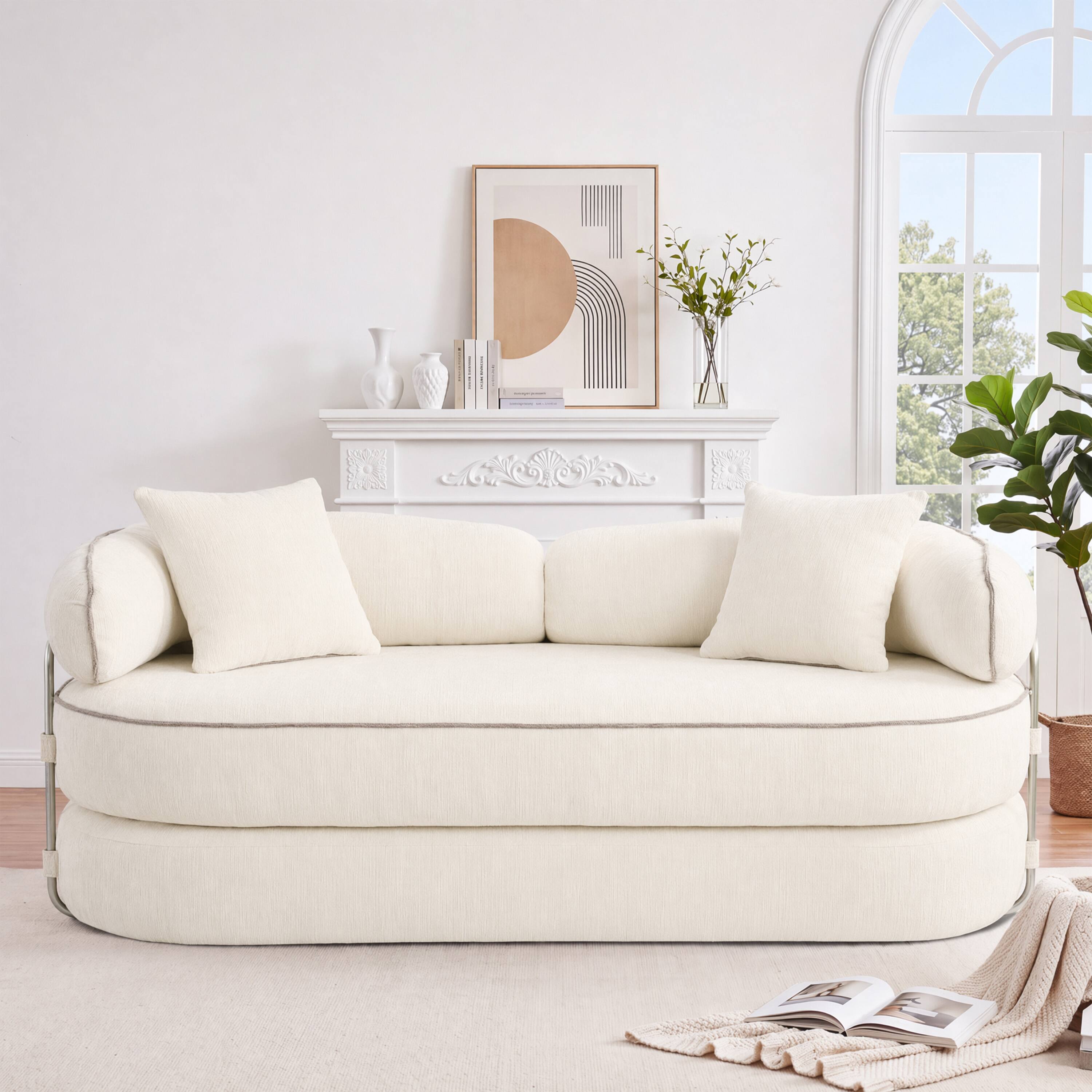 Angle. Vipbear - Curved Loveseat with 4 Pillows, Modern Boneless Couch, Convertible Sleeper Sofa Bed - off-white.