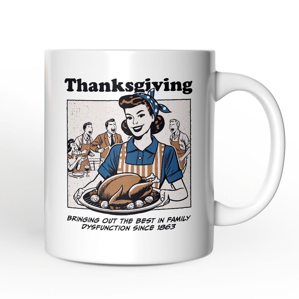 OrnamentallyYou - Thanksgiving Family Dysfunction Retro Mug, Funny Sarcastic Humor Gift - White