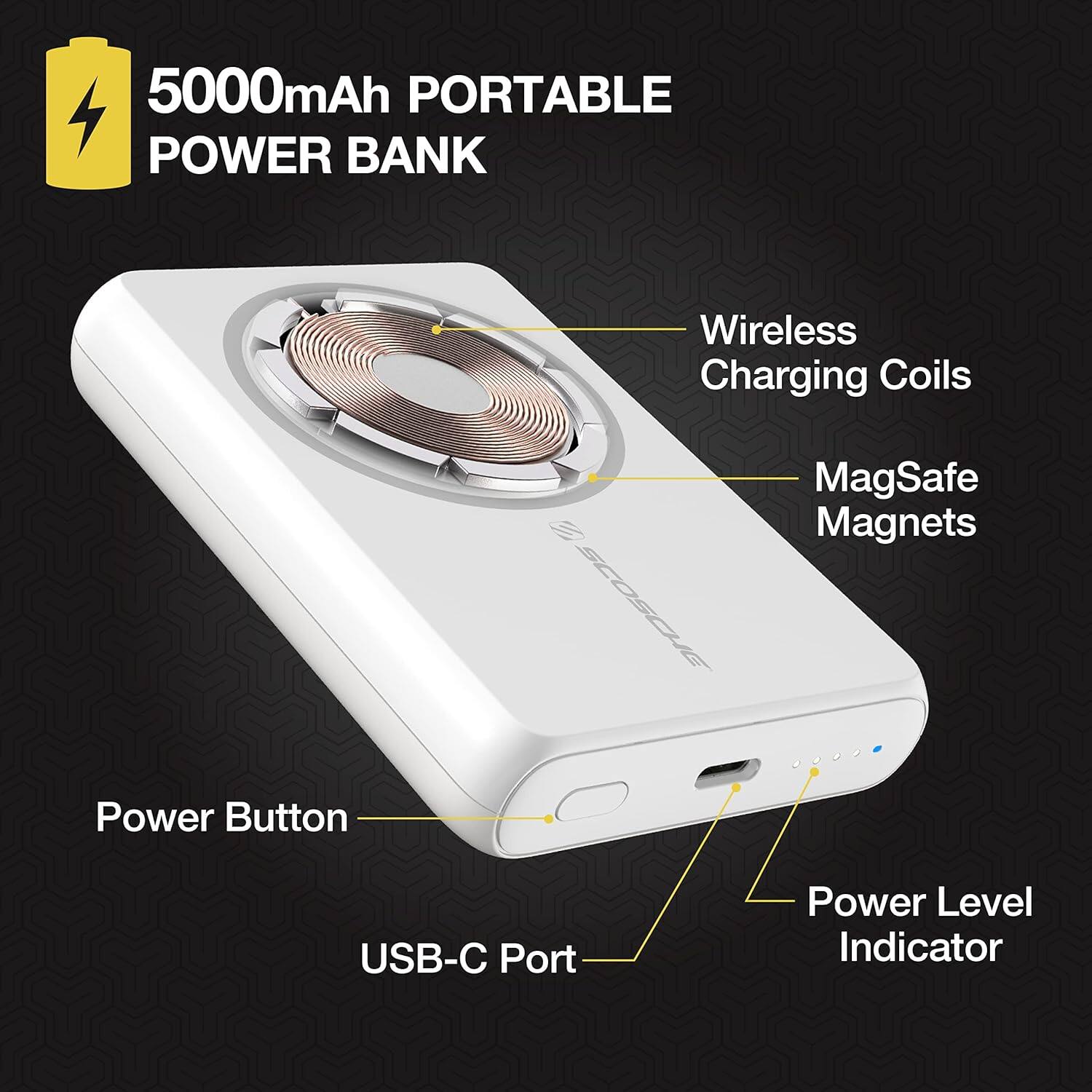 5000mAh Portable Power Bank

- Wireless Charging Coils
- MagSafe Magnets
- Power Button
- USB-C Port
- Power Level Indicator