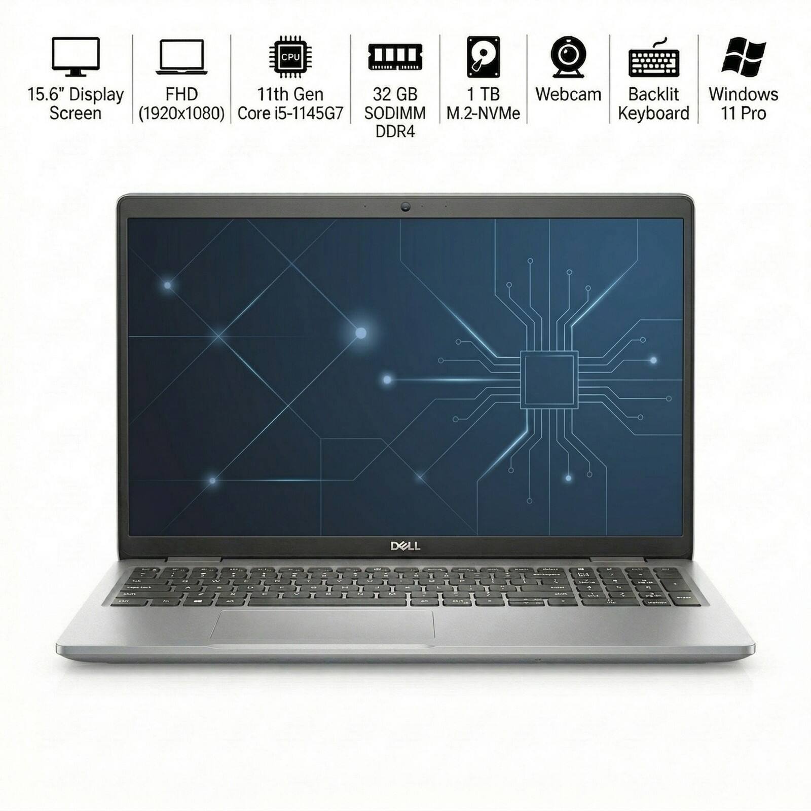 CPU: 11th Gen Core i5-1145G7  
Display: 15.6" FHD (1920x1080)  
RAM: 32 GB SODIMM DDR4  
Storage: 1 TB M.2-NVMe  
Webcam: Included  
Keyboard: Backlit  
Operating System: Windows 11 Pro