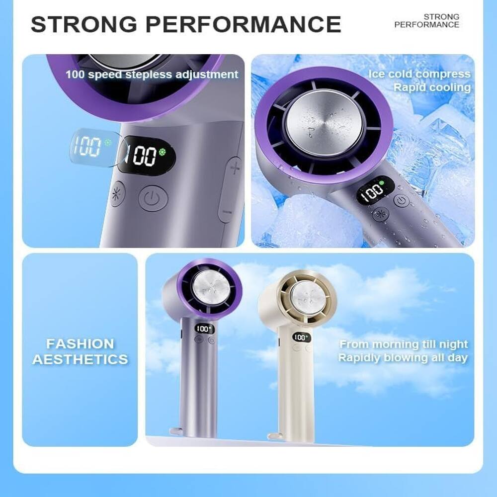 STRONG PERFORMANCE  
100 speed stepless adjustment  
Ice cold compress  
Rapid cooling  

FASHION AESTHETICS  
From morning till night  
Rapidly blowing all day
