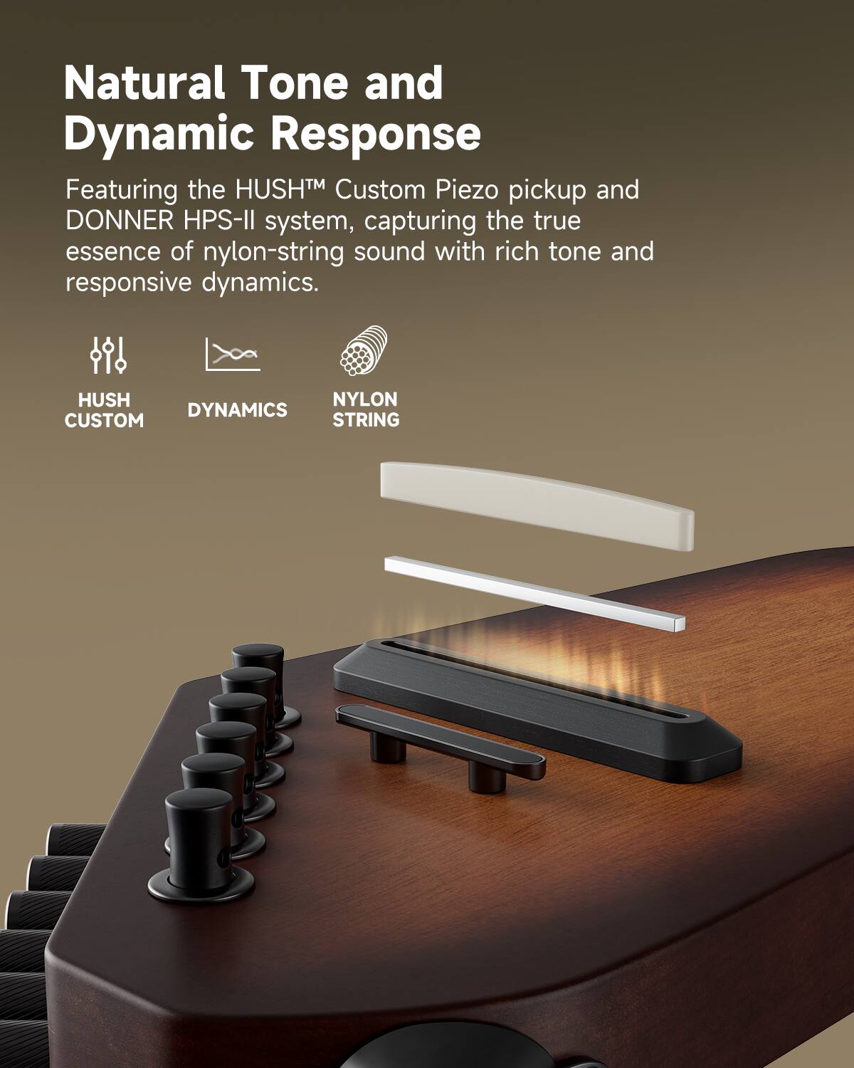 Natural Tone and Dynamic Response
Featuring the HUSH Custom Piezo pickup and DONNER HPS-II system, capturing the true essence of nylon-string sound with rich tone and responsive dynamics.
HUSH CUSTOM
DYNAMICS
NYLON STRING