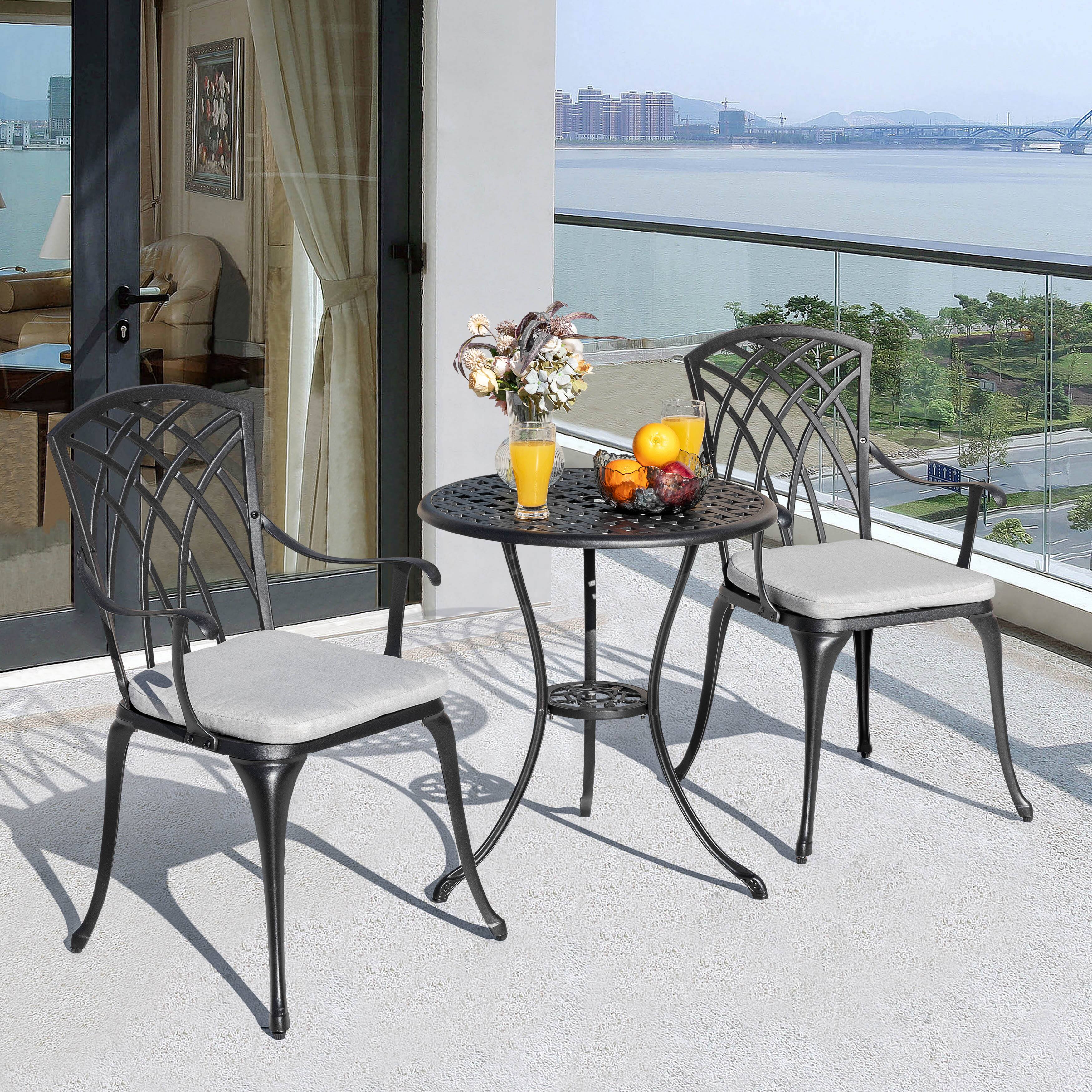 Left. Nuu Garden - 24 Inch Cast Aluminum Bistro Table with Umbrella Hole and 2 Bistro Chairs - Black and Gray.