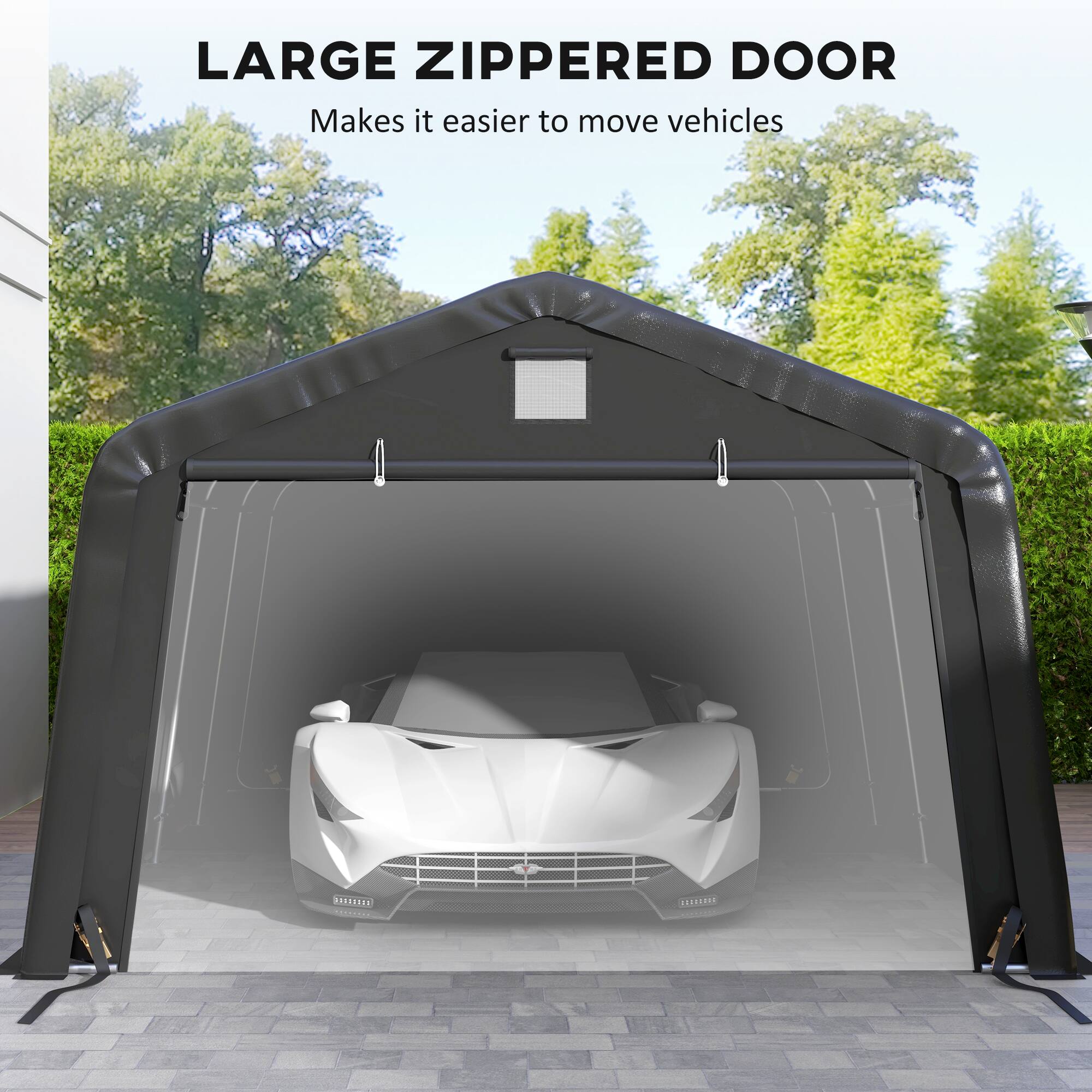 LARGE ZIPPERED DOOR  
Makes it easier to move vehicles