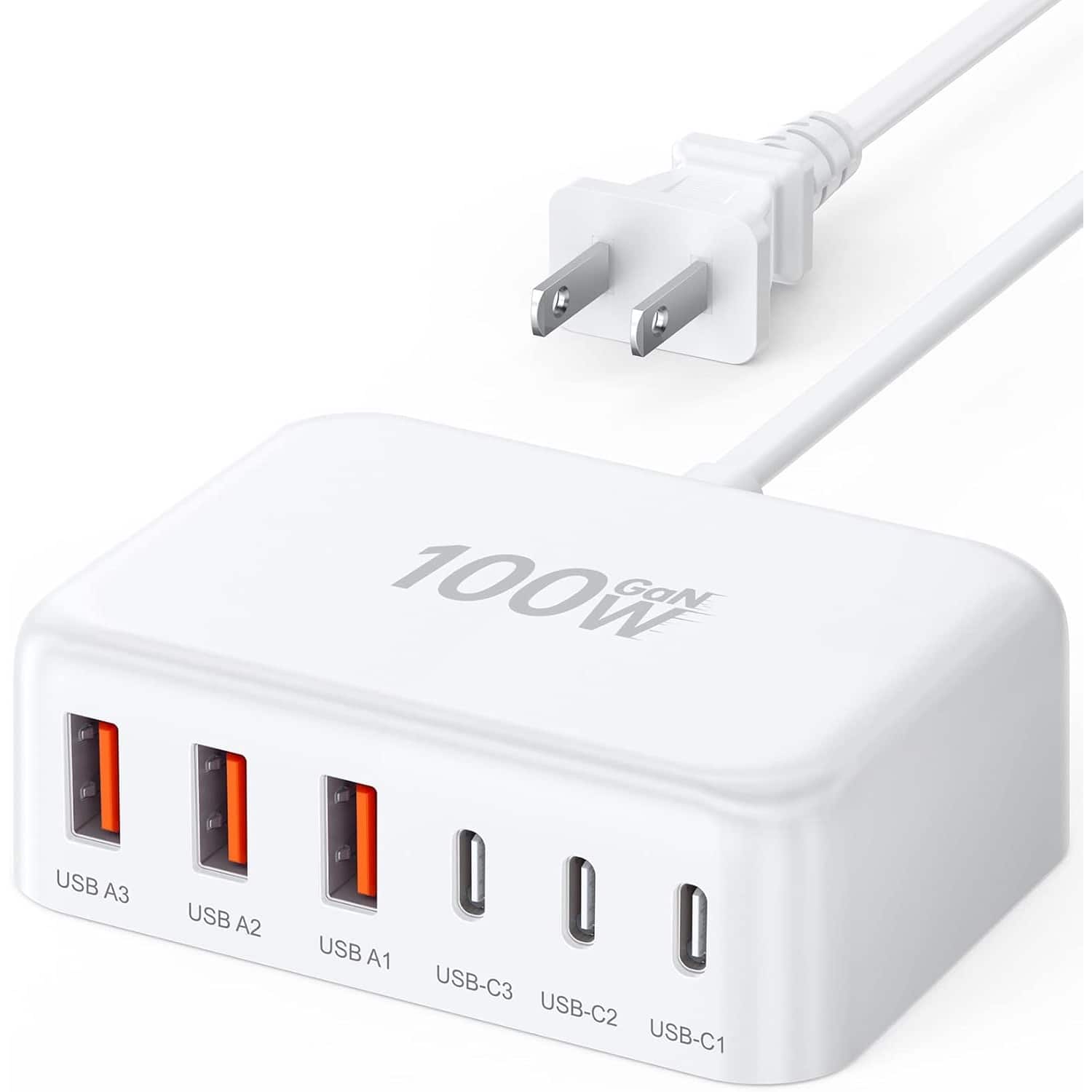 MOSZAR LLC - 100W USB-C GaN 6-Port Fast Charger Hub with 5FT Cord – for iPhone, iPad, Galaxy, Pixel & More - White