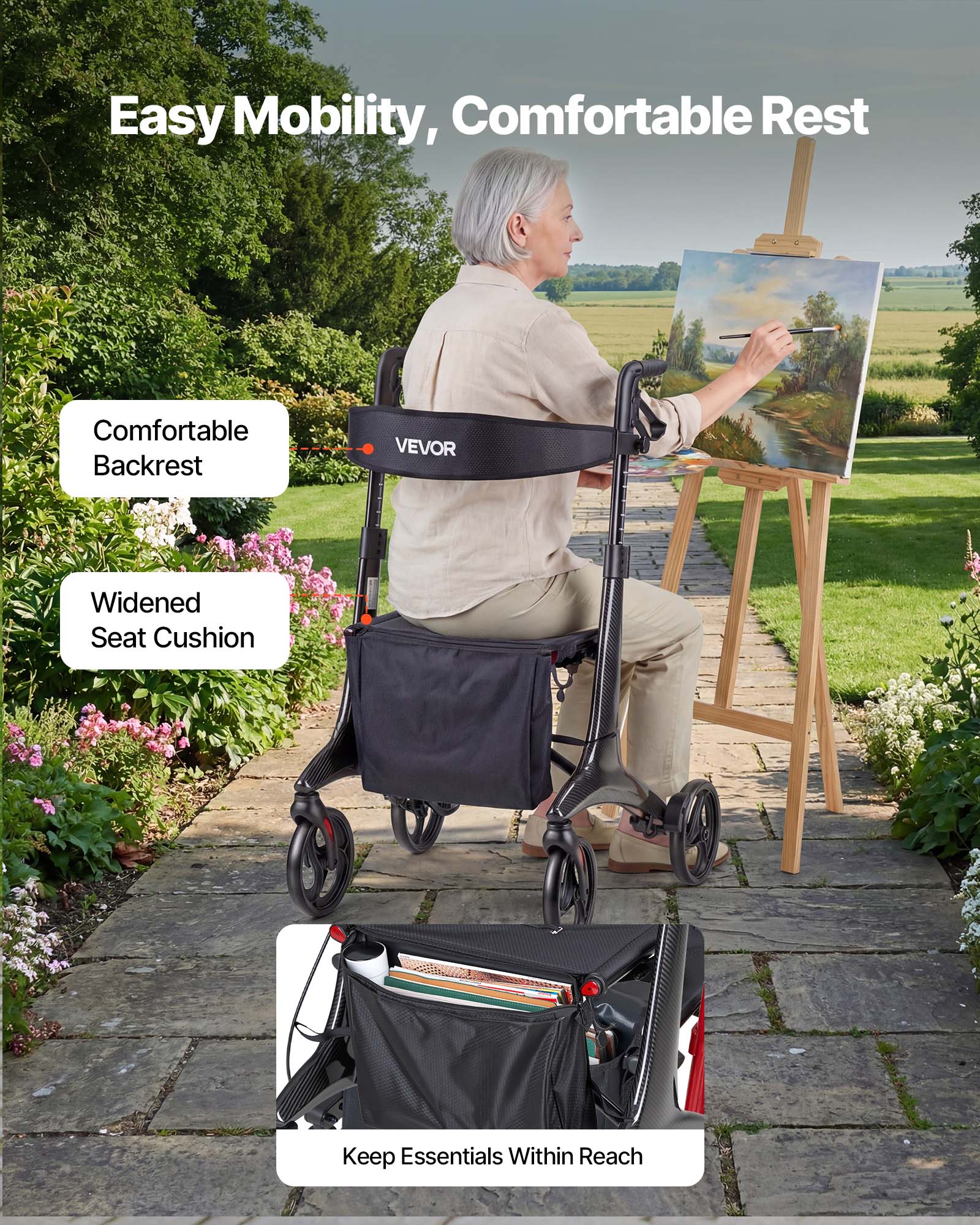 Easy Mobility, Comfortable Rest  
Comfortable Backrest  
Widened Seat Cushion  
Keep Essentials Within Reach