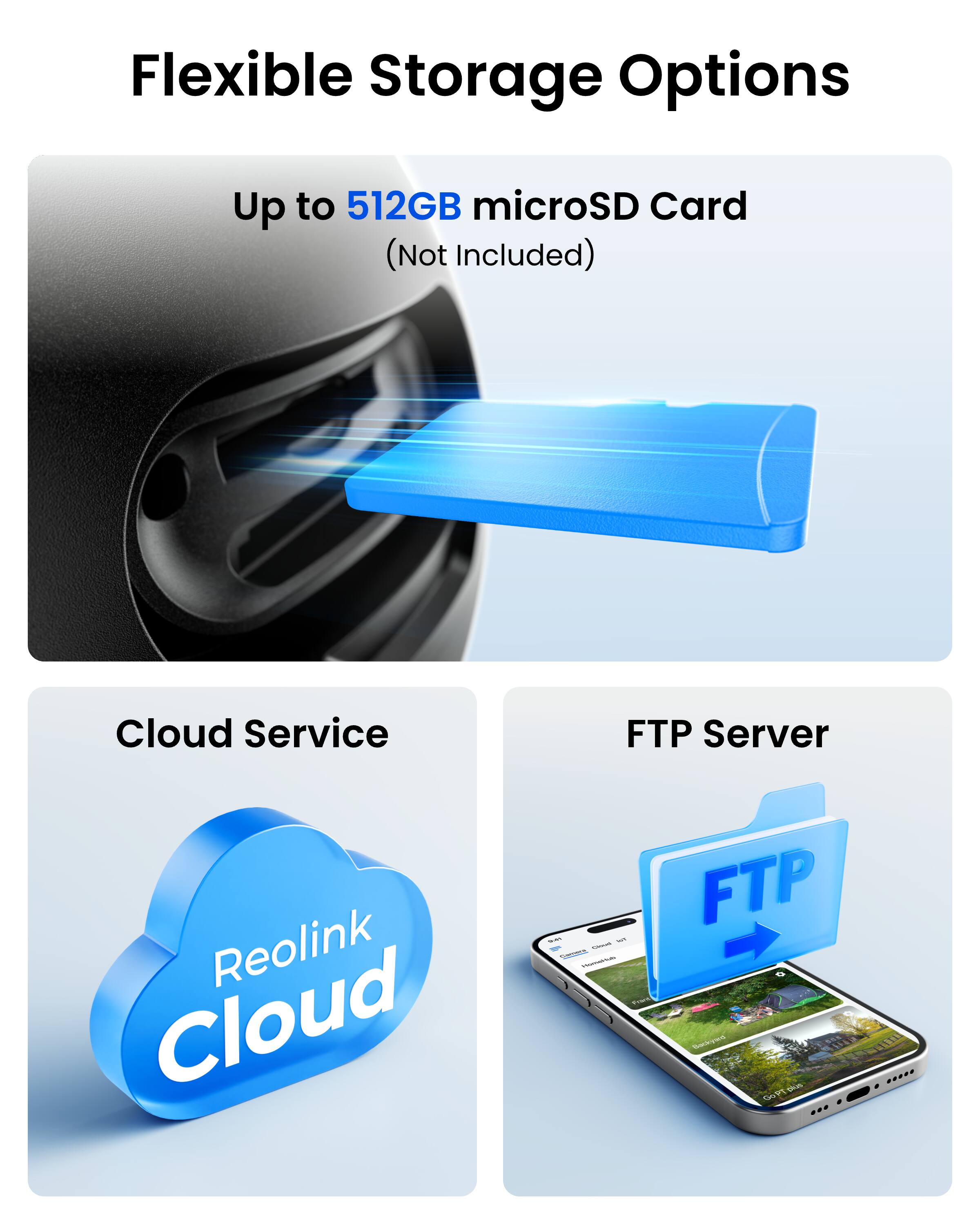 Flexible Storage Options  
Up to 512GB microSD Card (Not Included)  
Cloud Service  
FTP Server  
Reolink Cloud