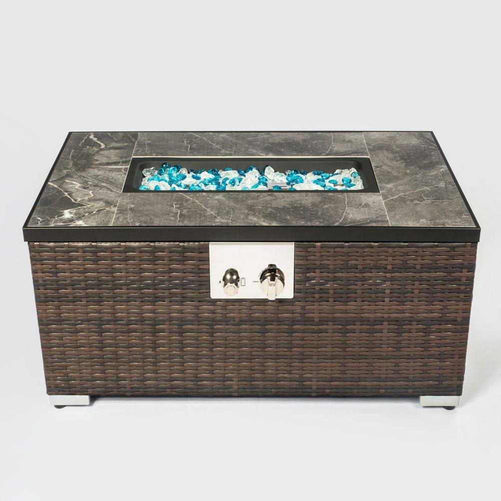 Left. Resenkos - 32" Propane Gas Fire Pit Table, 50000 BTU Rectangular Fire Pit, Tile Tabletop with Beautiful Wicker Base.