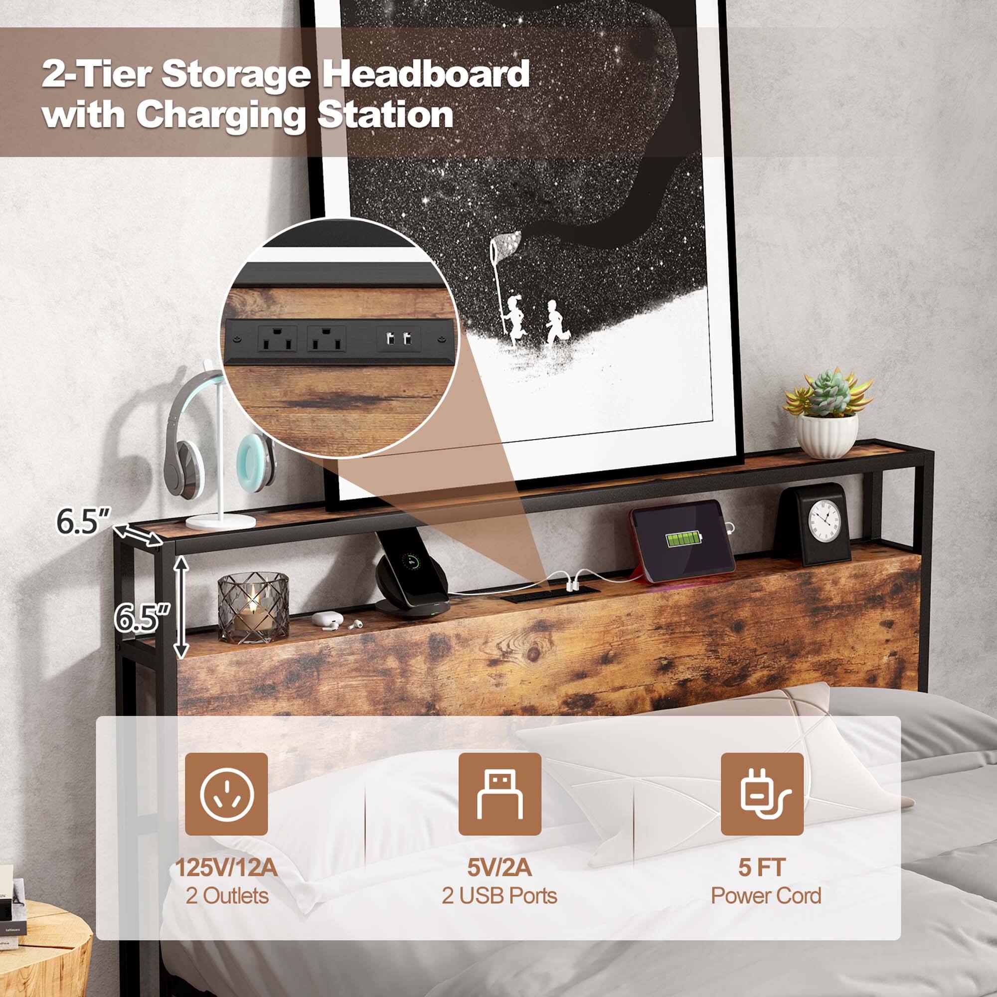 2-Tier Storage Headboard with Charging Station, 6.5", 125V/12A, 2 Outlets, 5V/2A, 2 USB Ports, 5 FT Power Cord