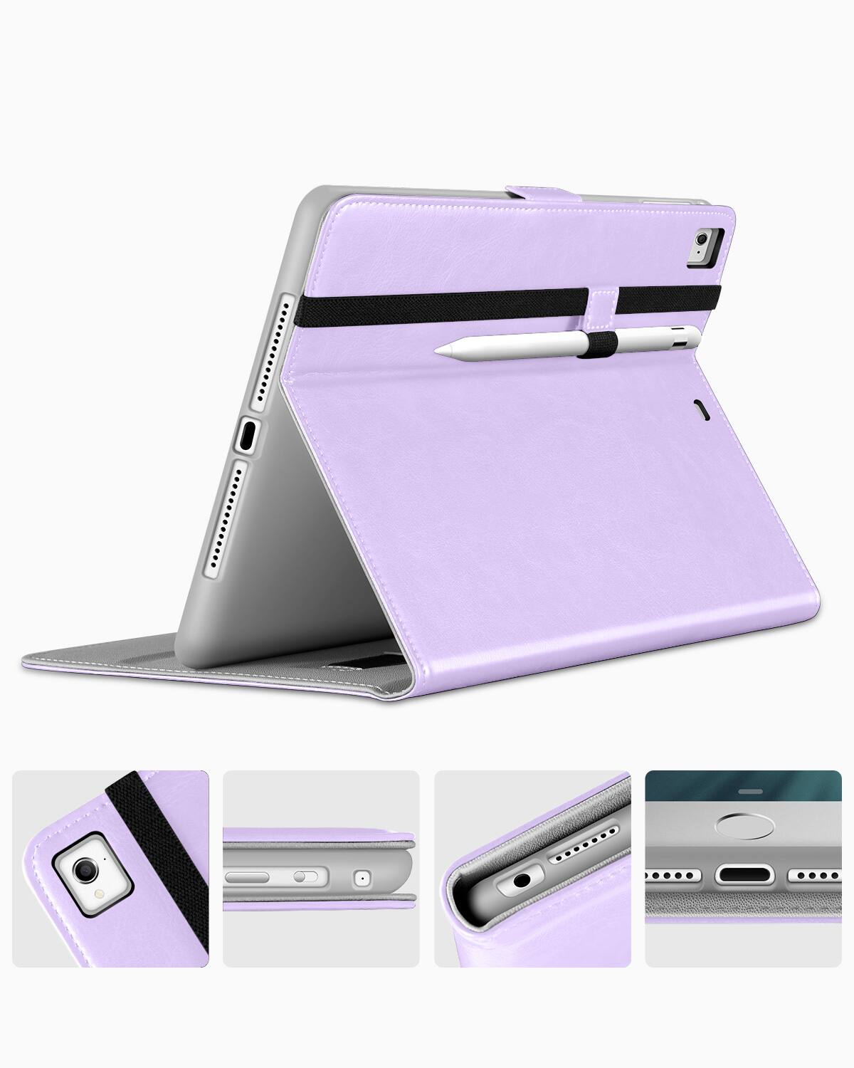 Left. DTTO - for iPad 9.7 Inch 5th/6th Gen 2018/2017 Case with Apple Pencil Holder, Premium Leather Folio Stand Cover Case - Lavender.