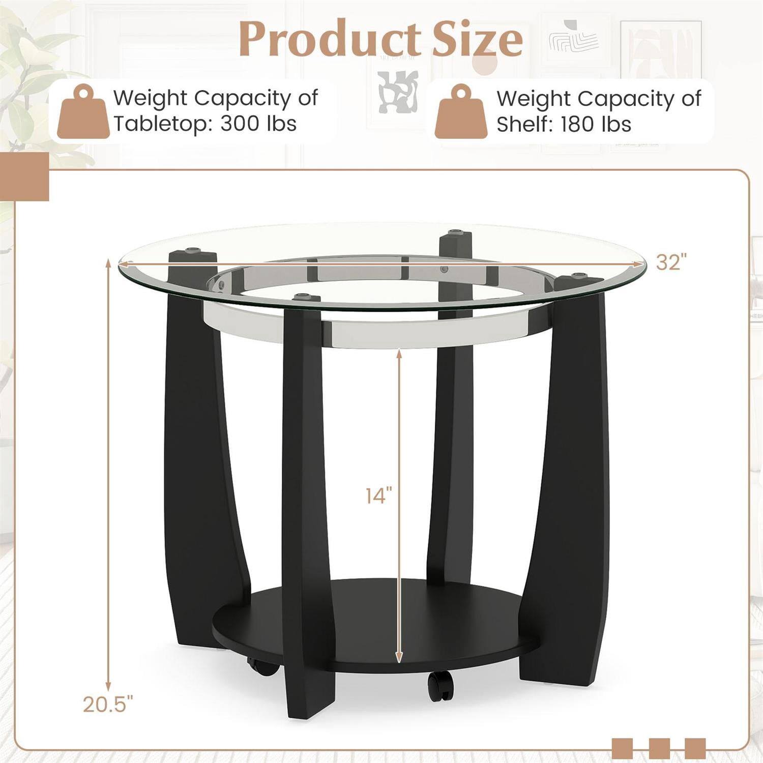 Product Size  
Weight Capacity of Tabletop: 300 lbs  
Weight Capacity of Shelf: 180 lbs  

32"  
14"  
20.5"